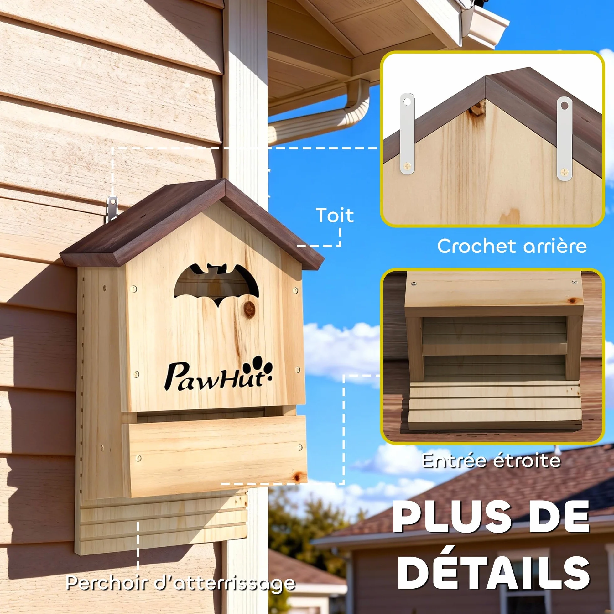 PawHut Lot de 3 Nichoirs Chauve Souris en Bois 21,5 x 11,5 x 34 cm