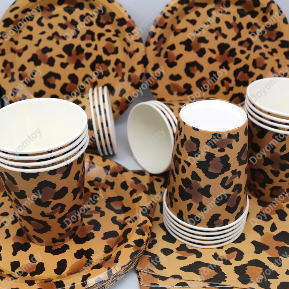 Vaisselle de Fête Léopard Anniversaire Set Assiettes en Papier Serviettes Tasses 20 Personnes