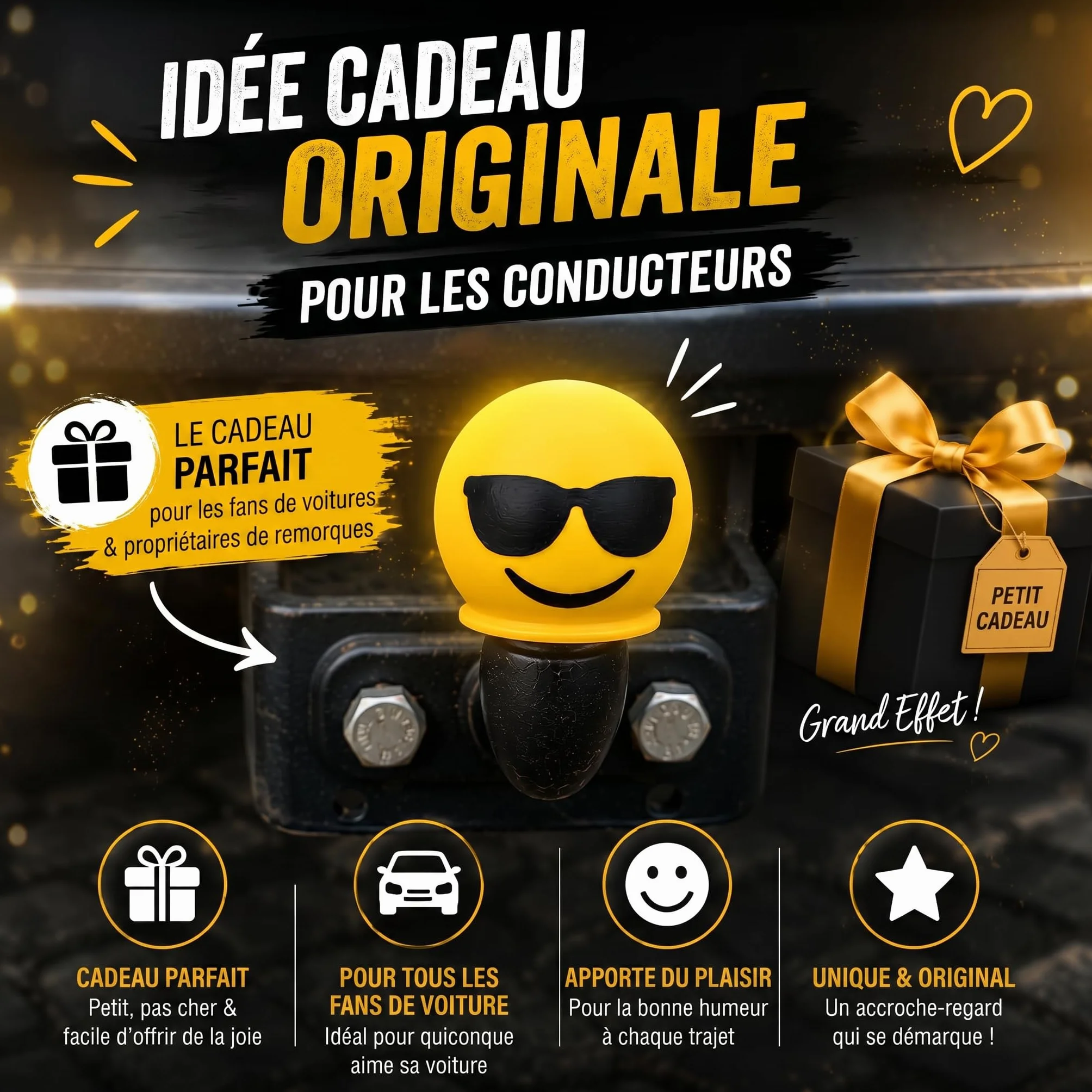 Couvercle d'attelage Smiley 50 mm - Capuchon de protection universel pour voiture, SUV, remorque