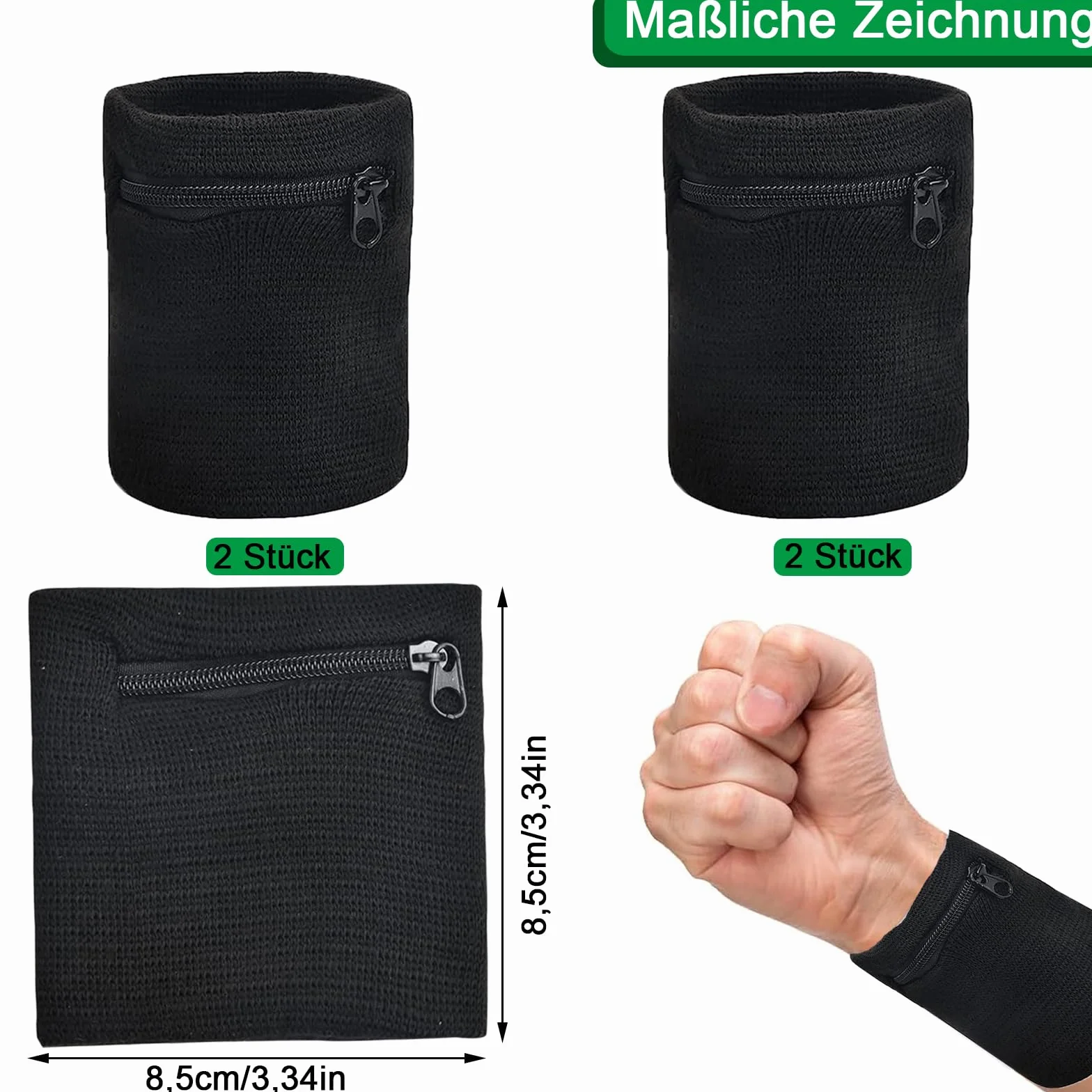 Bracelet de Sport à Glissière 4 pièces Sac à Poignets avec Bandeau de Transpiration pour Course Jogging Noir