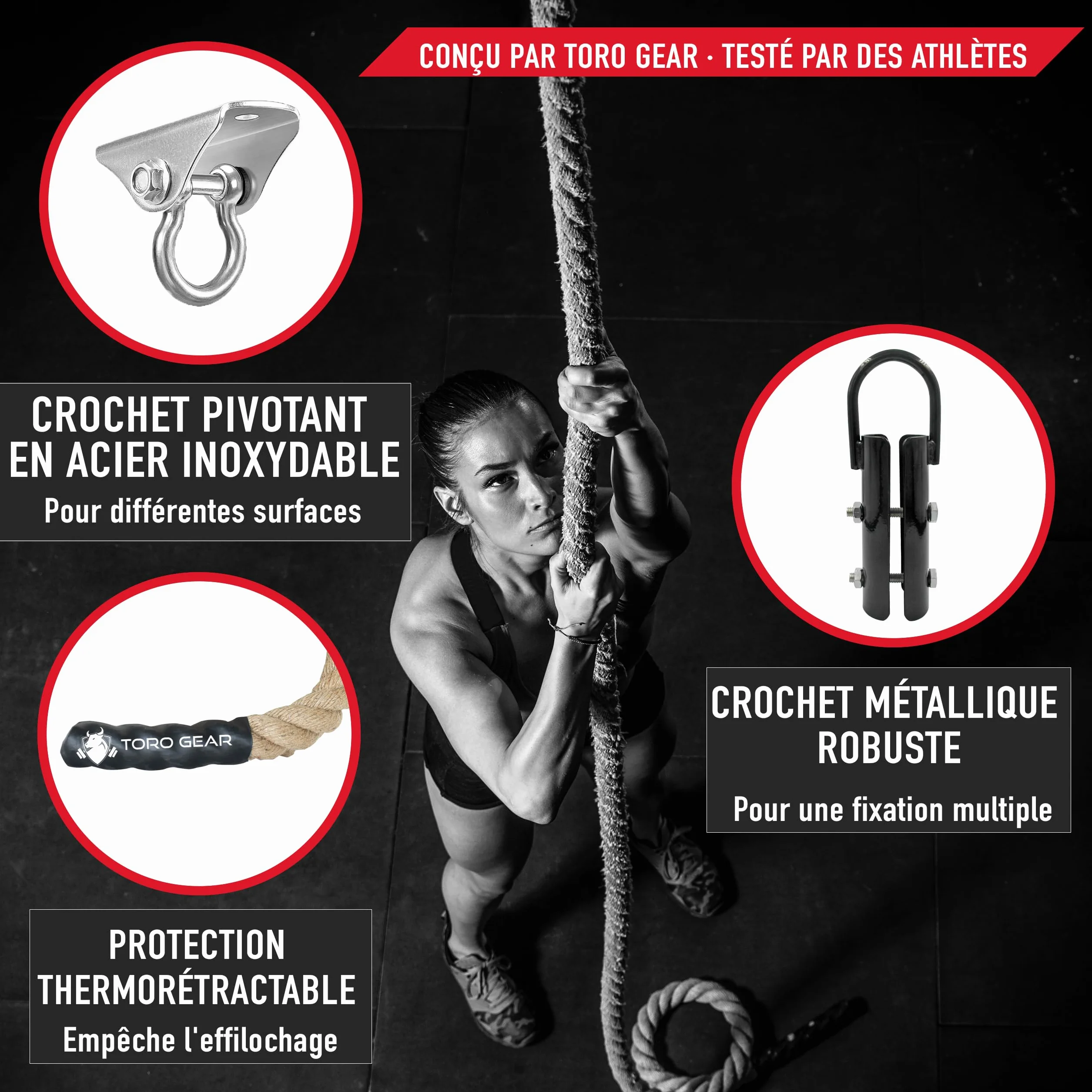 Corde à Grimper en Jute 38 mm, 3-6 m avec Mousqueton pour Crossfit et Pompiers