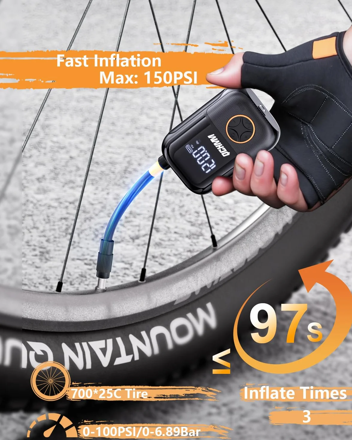 Mini Pompe vélo électrique avec Manometre, Pompe à vélo Portable de 120PSI avec Valve Presta et Schrader, de Route, VTT, vélos de Ville et vélos électriques