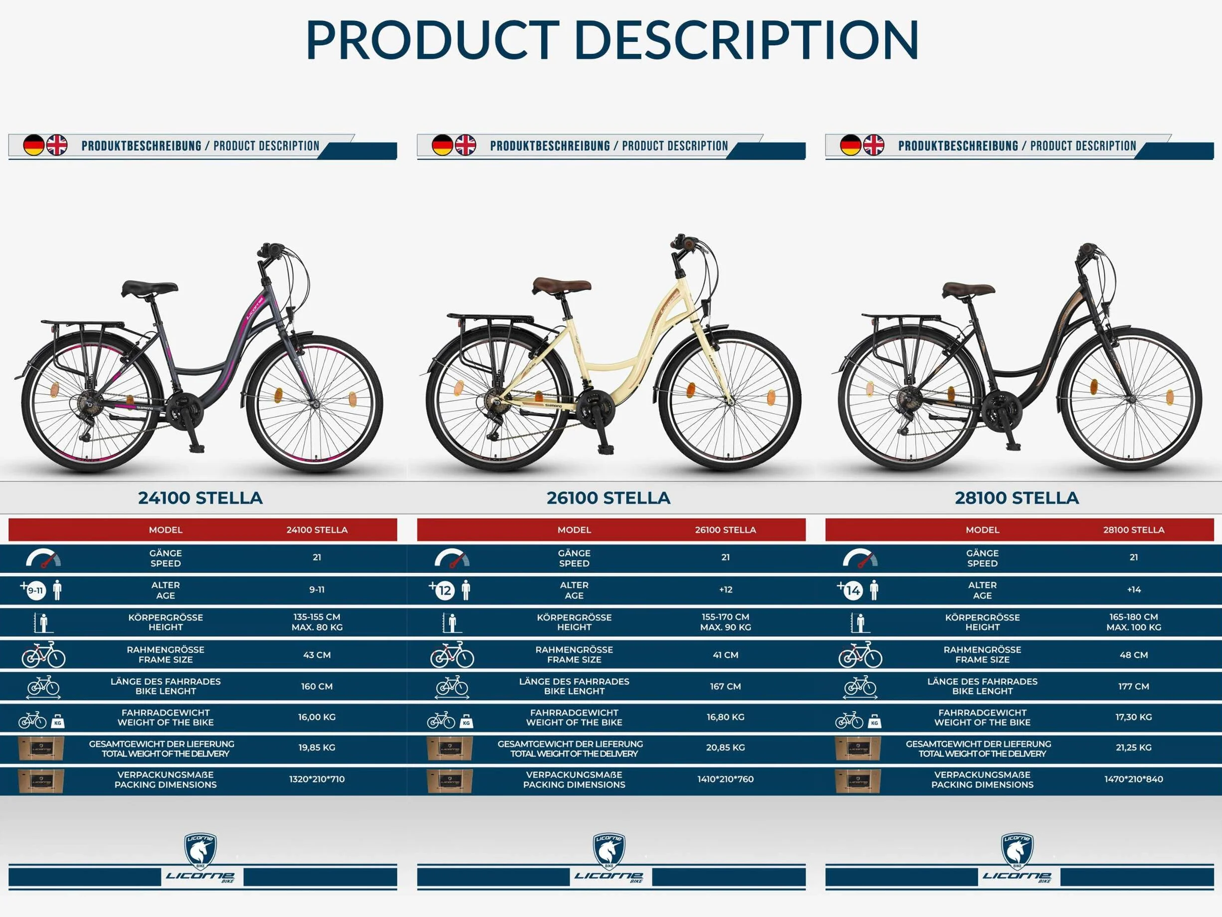 Licorne Bike Stella Premium City Bike 24 26 28 pouces Dérailleur Shimano 21 vitesses Vélo hollandais