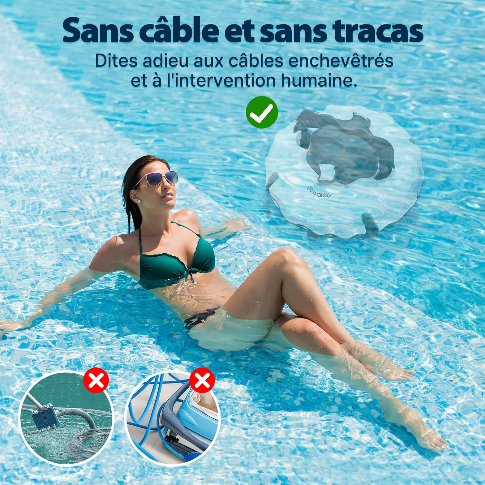 Redkey S100 Robot Piscine Sans Fil, 200Min Nettoyage Puissant 18° Pente, Aspirateur Piscine Hors Sol 120㎡