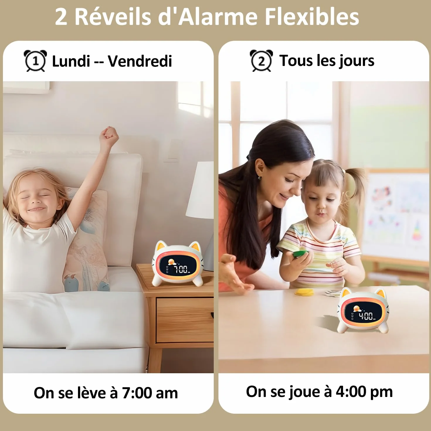 Réveil Enfant éducatif Jour/Nuit avec 2 Réveils Alarmes - Mode Weed-End - Veilleuse - Son de Sommeil - Rechargeable