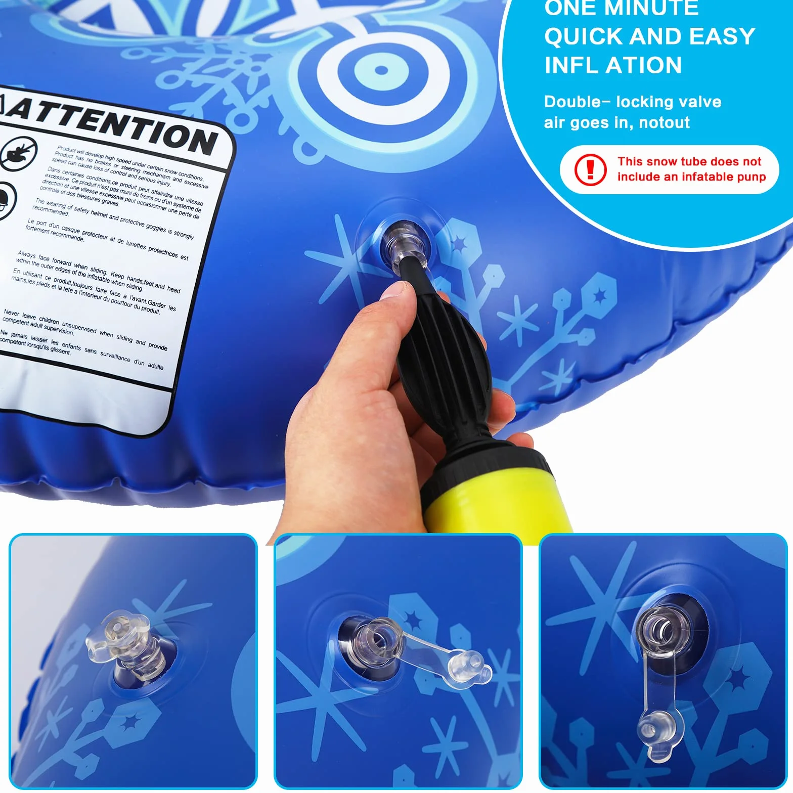 Tube de Neige Luge Gonflable Robuste 90 cm Tube de Neige Gonflable en PVC Tube de Ski Gonflable pour Adultes Anneau de Ski Gonflable Bleu avec poignées Jeux de Sport d'hiver en Plein air Ski Luge