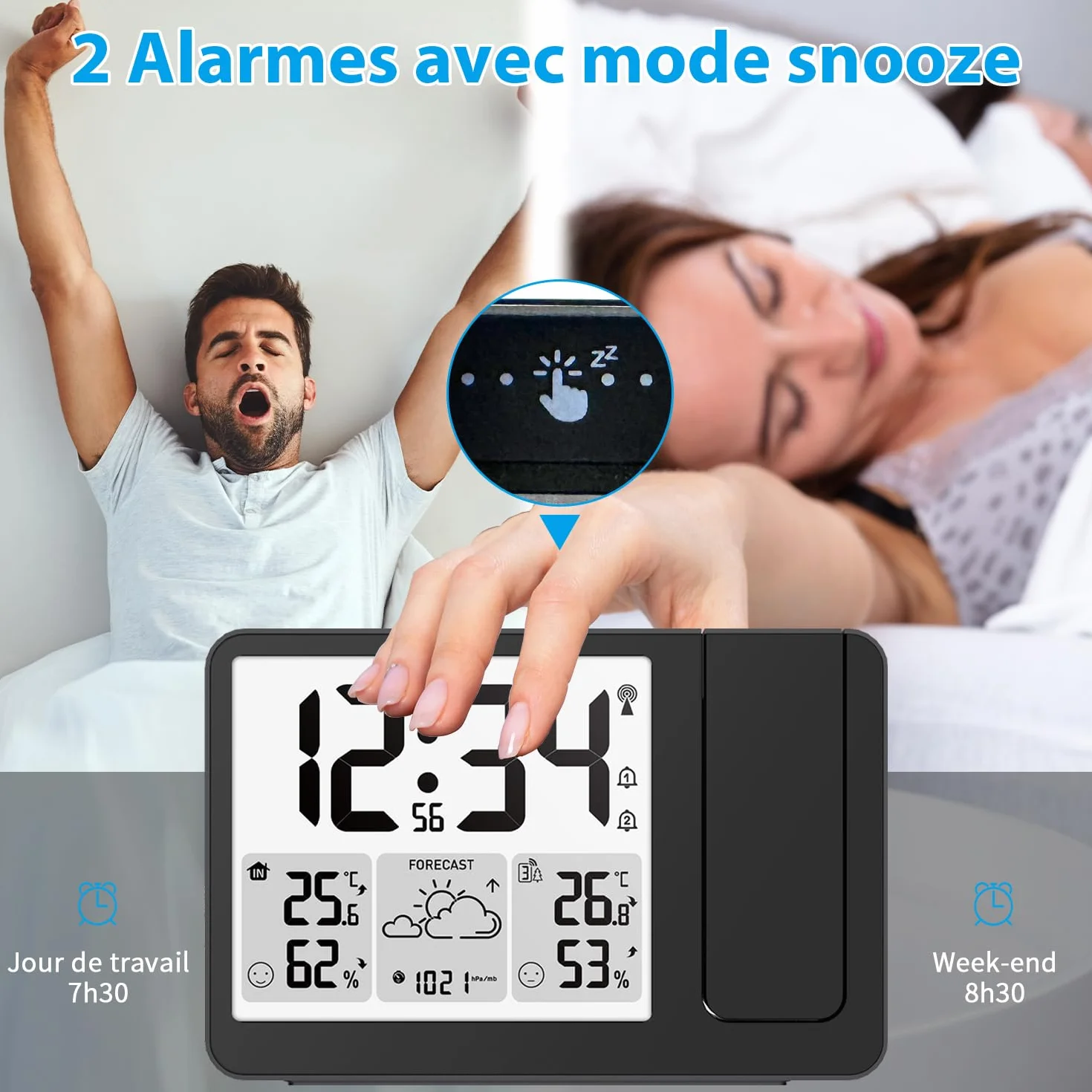 Uzoli EM3539E Réveil à Projection au Plafond avec Station Météo, Horloge Radio-piloté, Projecteur Rotatif 180°, Température, Humidité