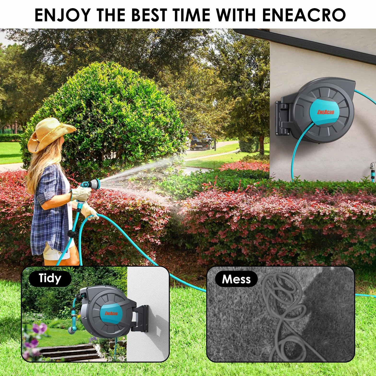 ENEACRO Dévidoir Enrouleur Automatique 35+2 m Montage Mural Pistolet à eau 10 fonctions Pivotant 180°