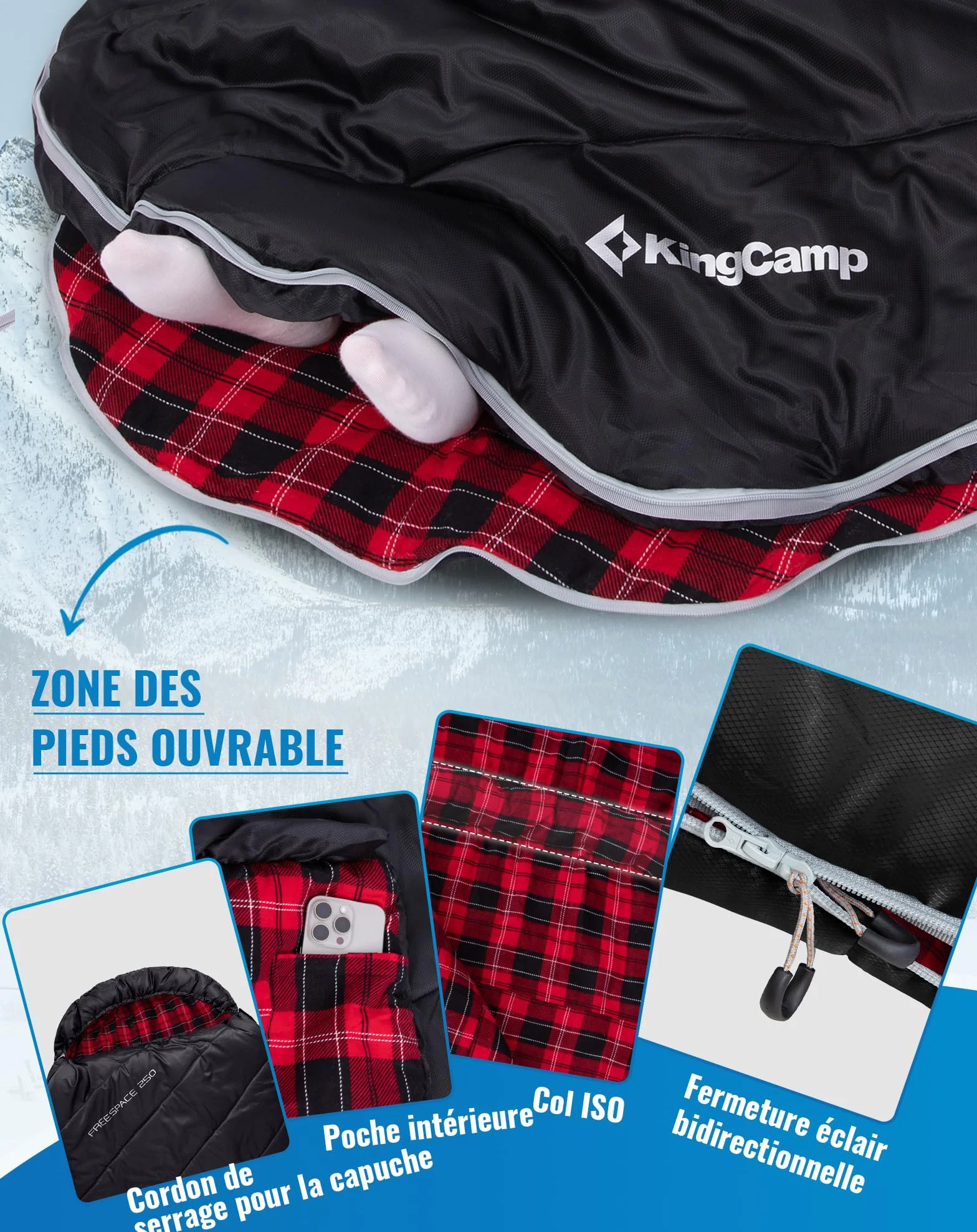 KingCamp Sac de Couchage pour Adultes Enfant Flanelle de Coton 3-4 Saisons Ultralight Extra Large Sac de Couchage Camping Chaud Compact Portable Grand Froid pour Camping Randonnée Extérieur Intérieur