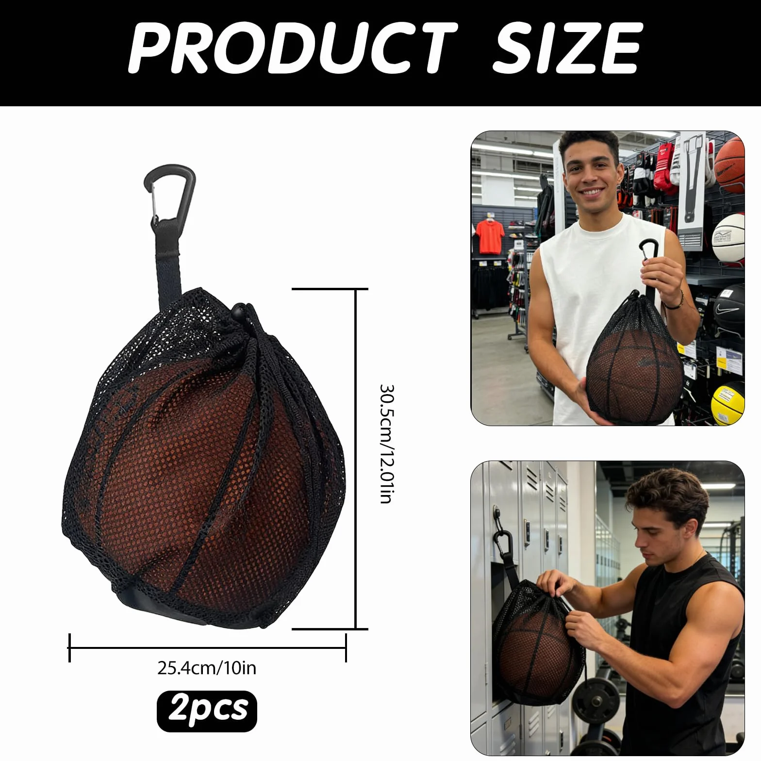 Sac de ballon avec filet pour 2 ballons, poche zippée, sac à dos portable avec mousqueton et cordon de serrage, pour basketball, football, handball, volley-ball et rugby, durable et pratique