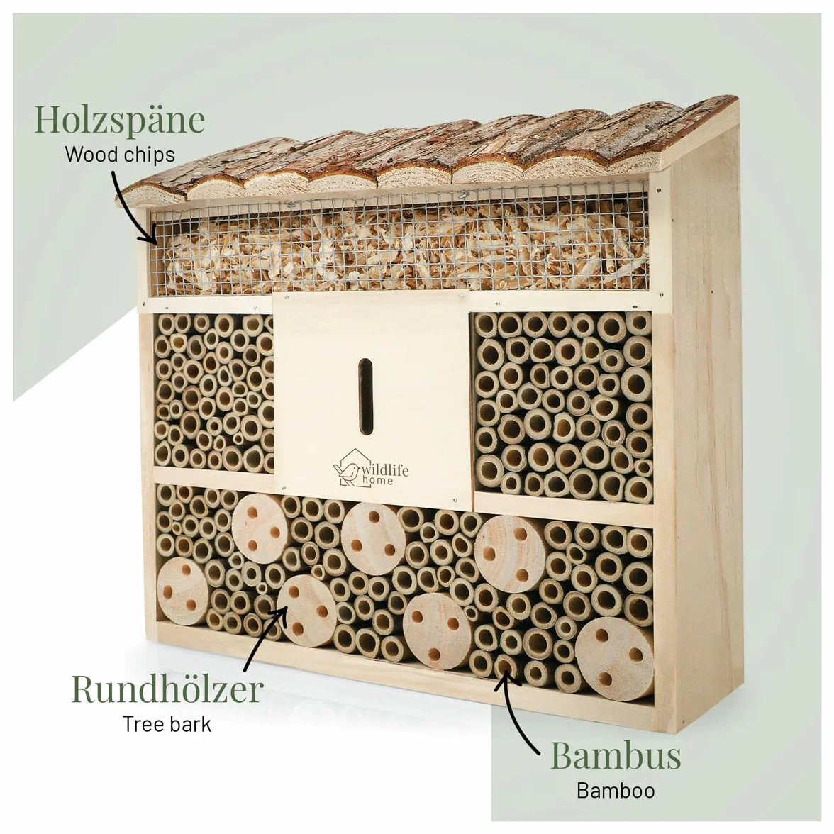 Hôtel à abeilles en bois massif non traité avec toit en écorce pour abeilles et insectes