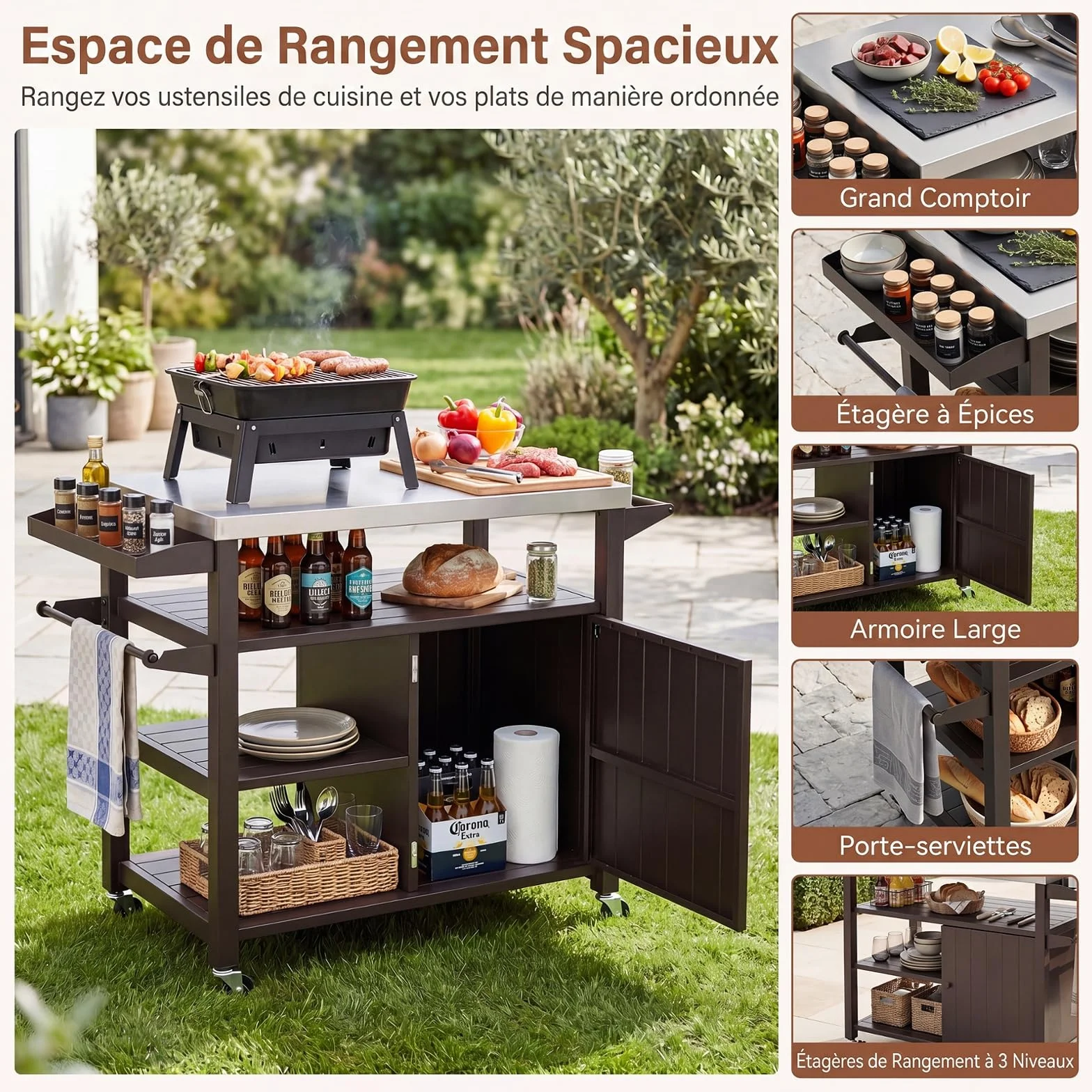 COSTWAY Chariot de Barbecue Extérieur Acier Inoxydable avec Rangement 116x50x87 cm