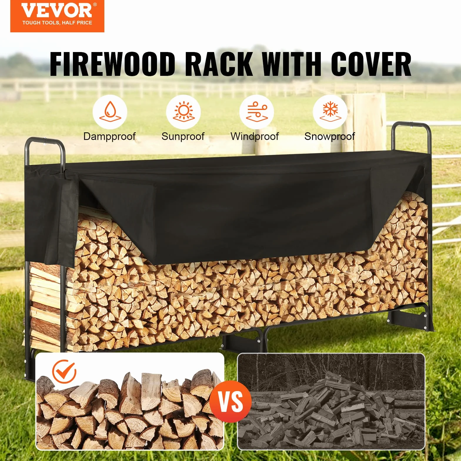 VEVOR Abri Bois de Chauffage Extérieur 259x36x117 cm Couverture Imperméable 600D Oxford Porte-bûches 1/2 Corde