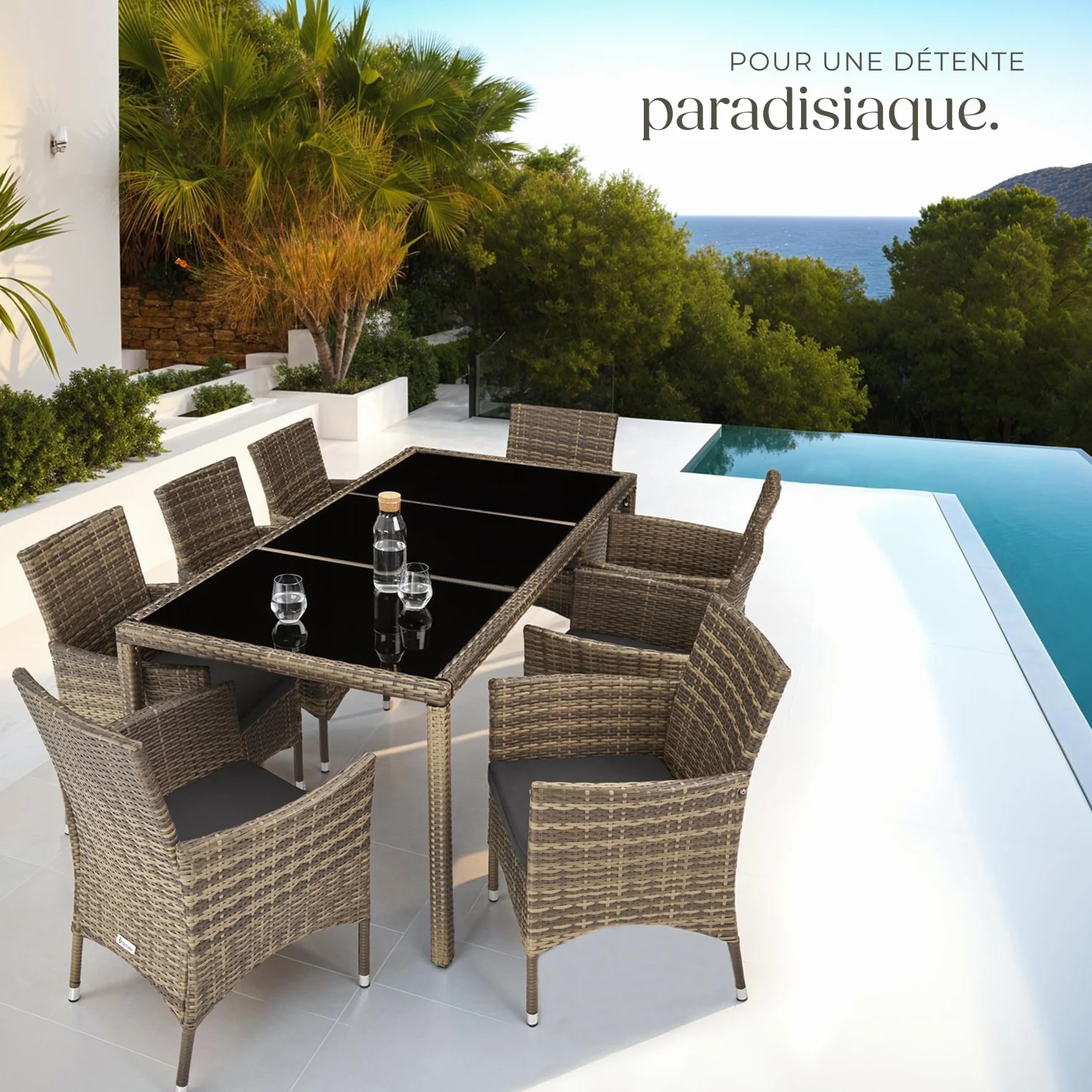 Tectake Salon de Jardin Poly Rotin Table 8 Fauteuils Chaises Housse Protection Marron Naturel Gris Foncé