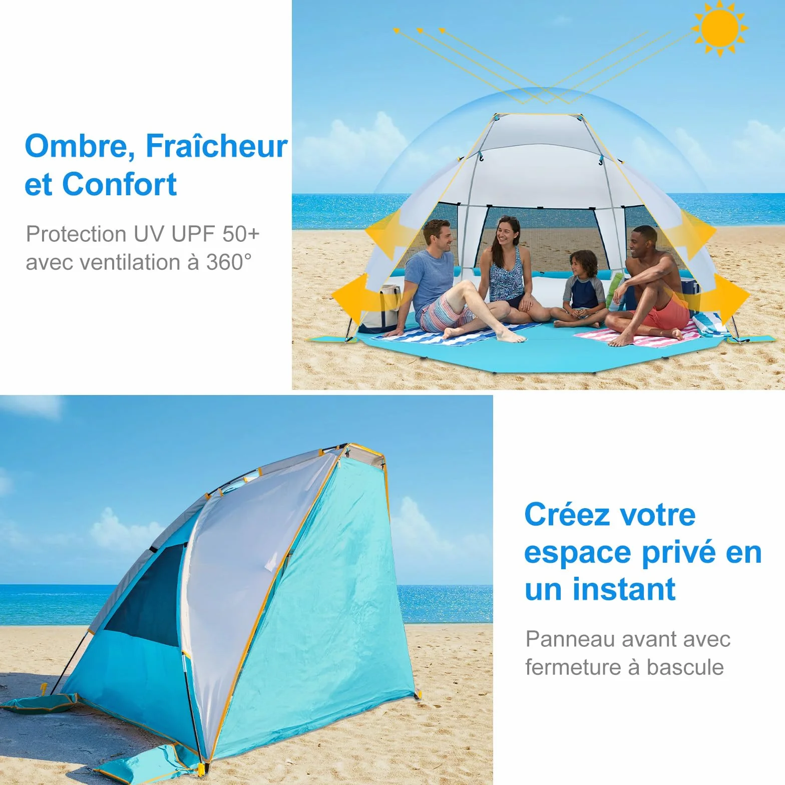 Wolfwise Tente de Plage Portable 3 Personnes avec Patin d'extension, Protection Solaire UV 50+ , 210 x115x125 CM ( 83 x45x49 IN), Bleu