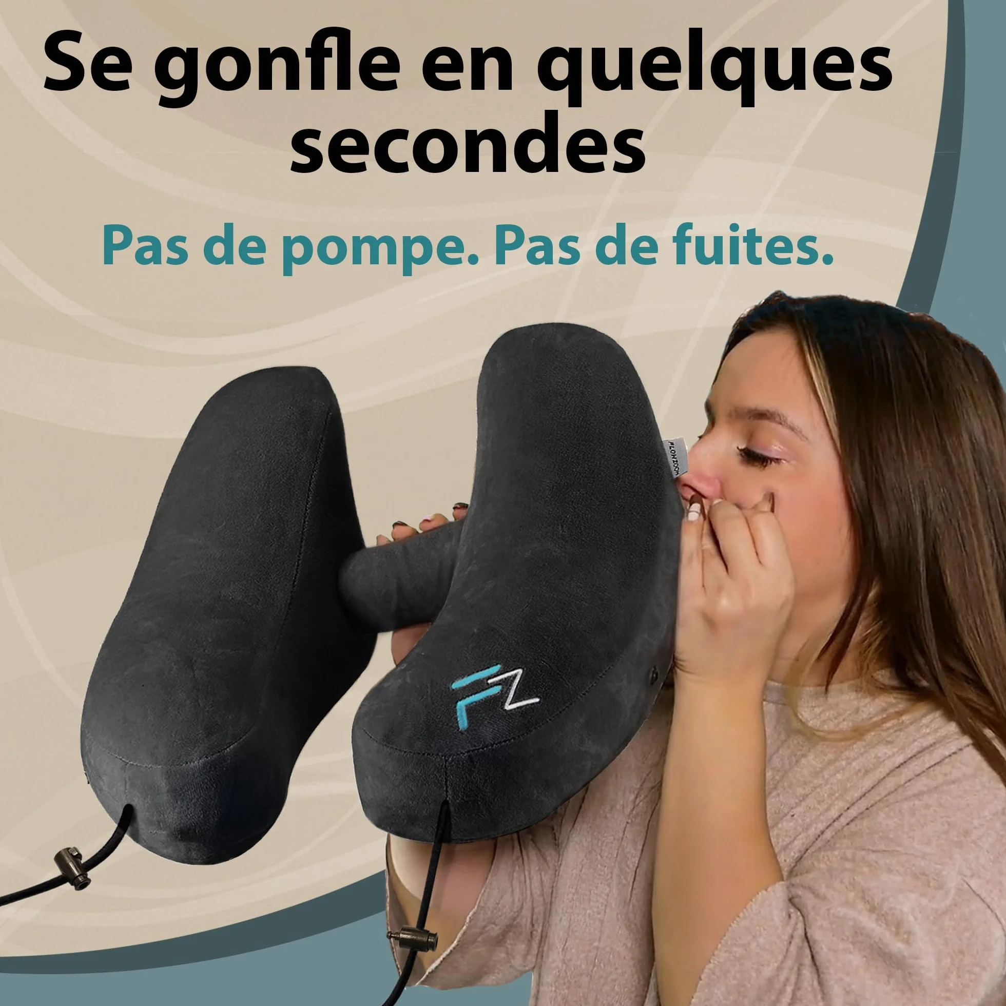 FLOWZOOM Air Oreiller de Voyage Gonflable pour Avion Voiture, Coussin Cervical Réglable 5 Positions Sommeil, Taille L Noir