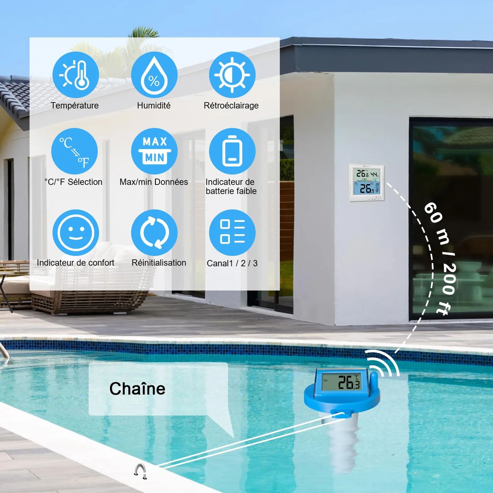 KETOTEK Thermomètre de piscine sans fil IPX8 étanche numérique flottant