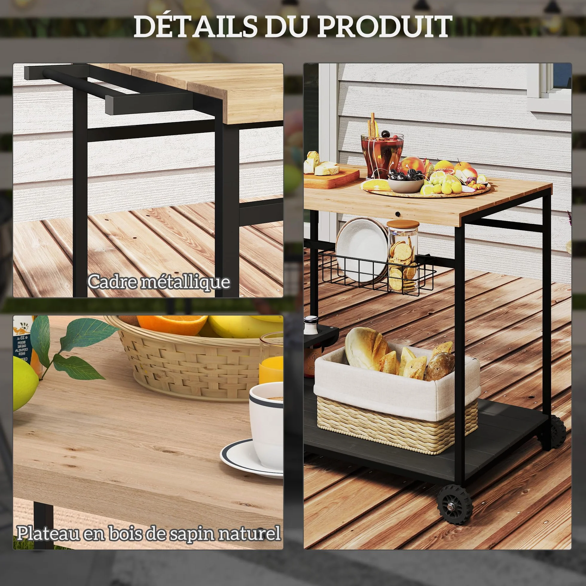 Outsunny Desserte de Jardin Chariot pour plancha Barbecue en Bois et métal 2 Plateaux 2 paniers Porte-Bouteilles 97,5L x 65l x 81H cm Naturel Noir