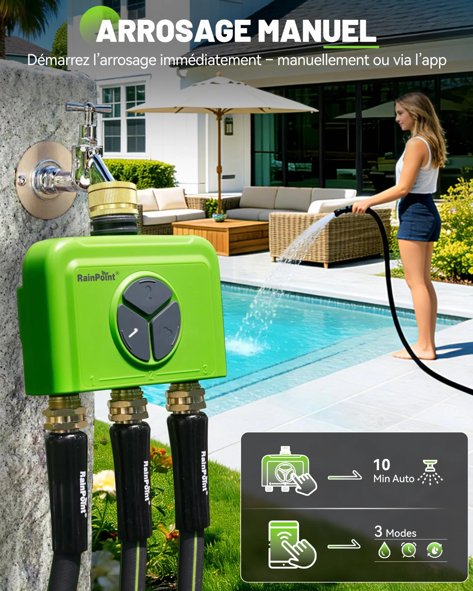 RAINPOINT Programmateur Arrosage WiFi 3 Zones sans Hub, Connecté, Entrée en Laiton, Contrôle App et Vocal, Retard Pluie Automatique