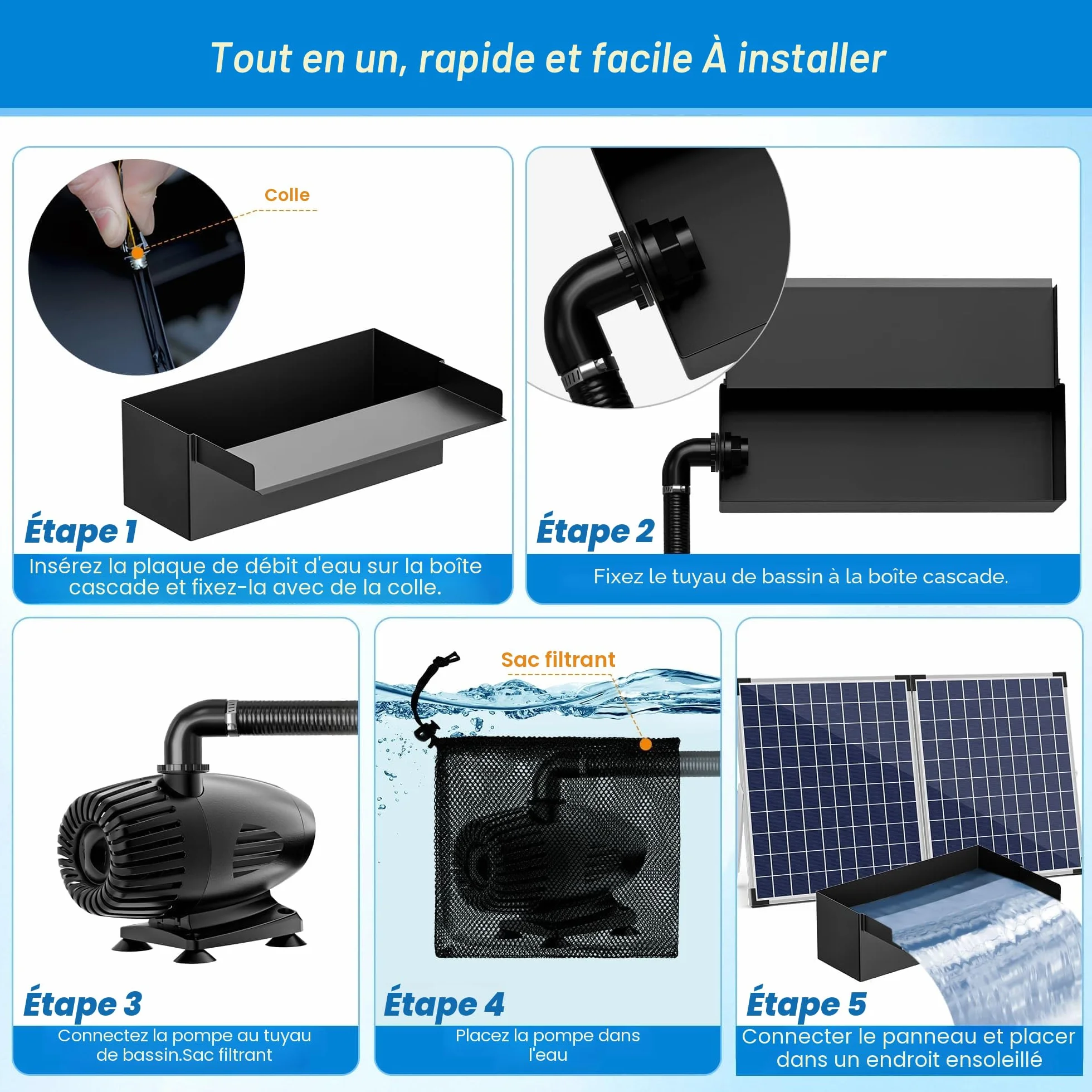Biling Kit cascade solaire bassin jardin acier inoxydable 20 cm pompe 2100 l/h