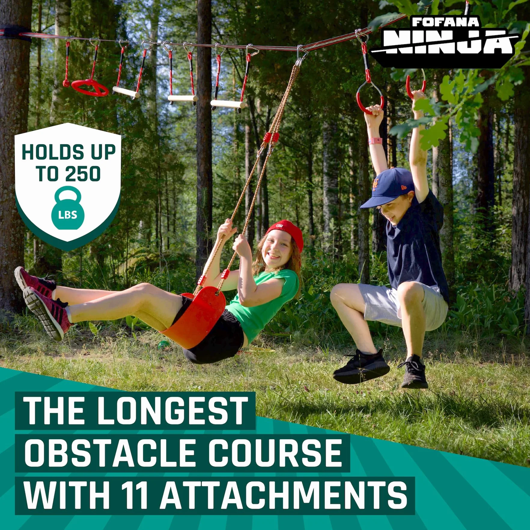 Fofana Parcours d'obstacles Ninja Warrior pour Enfants à l'extérieur de 19,8 mètres - Slider Ninja Inclus - 11 Plus Grands Obstacles de Parcours Ninja - Échelle d'escalade, Anneaux de Gymnastique