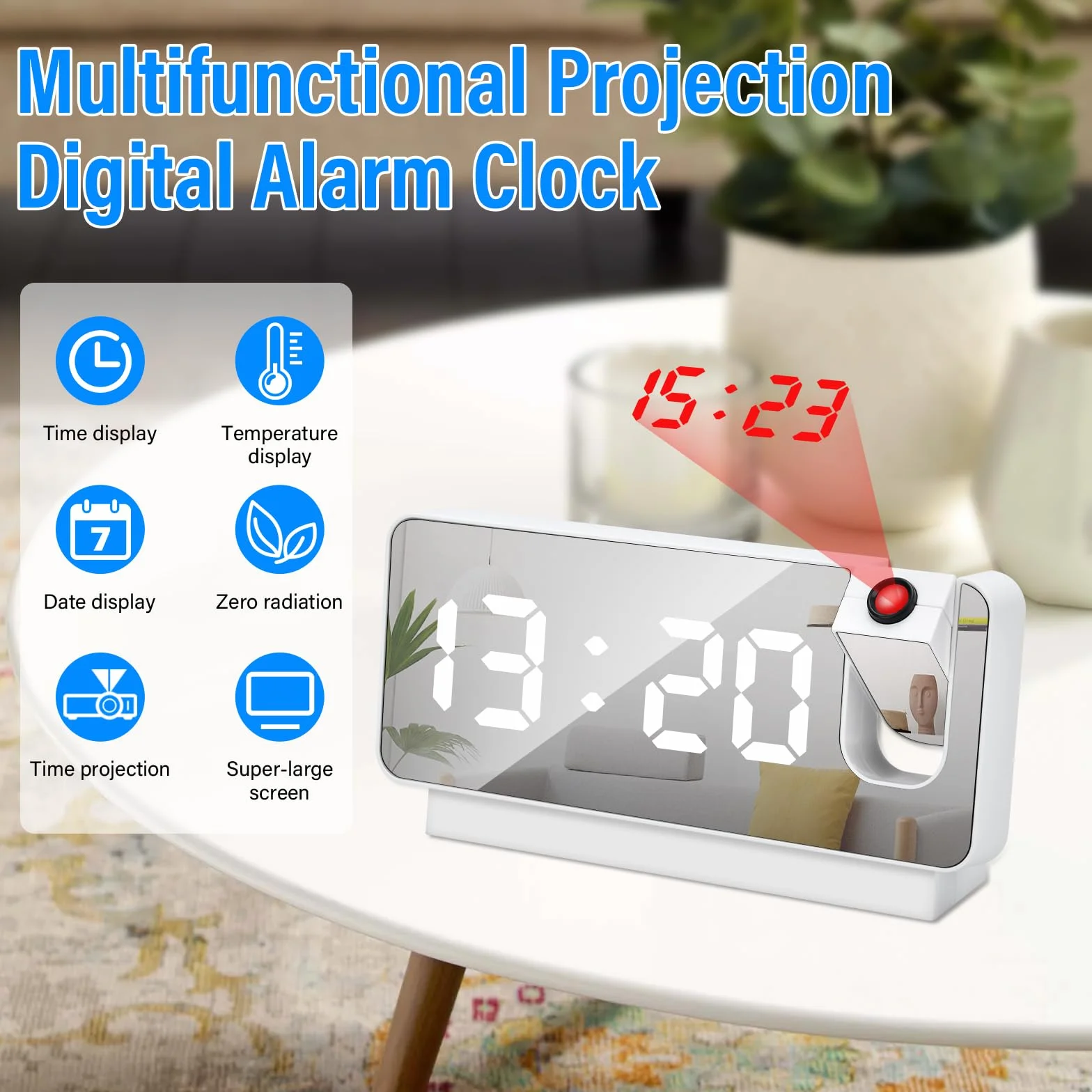 Reveil Projecteur Plafond Numérique avec Température Écran LED 180° Horloge 12/24H USB Blanc