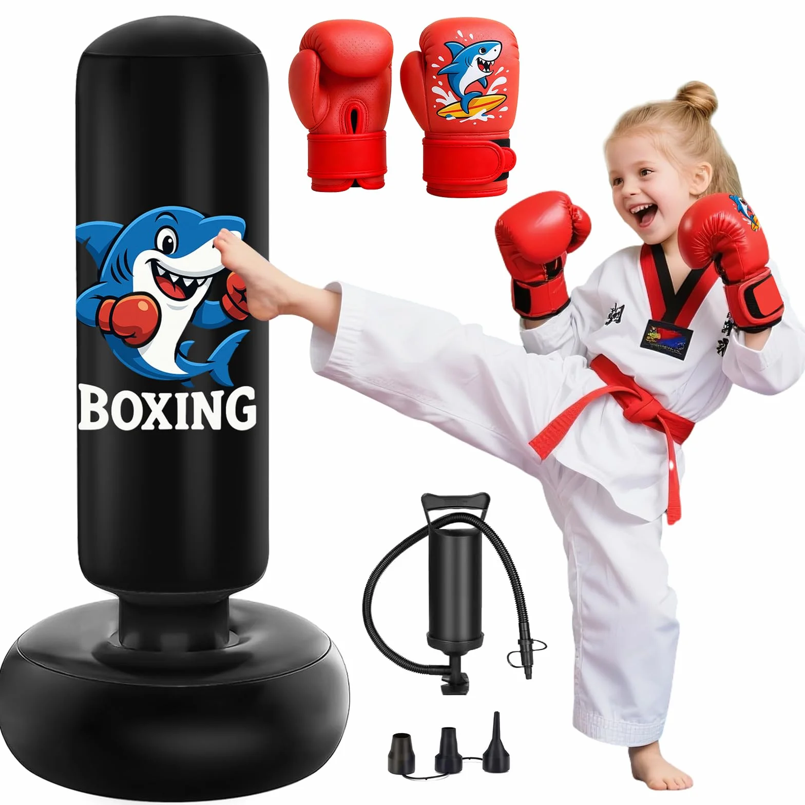 Qoosea Sac de Boxe pour Enfants 3 à 8 Ans, 130cm Gonflable Sac de Frappe sur Pied, Sac de Boxe Set de Formation avec Gants, Cadeau Parfait pour Garçons et Filles pour Karaté, Taekwondo