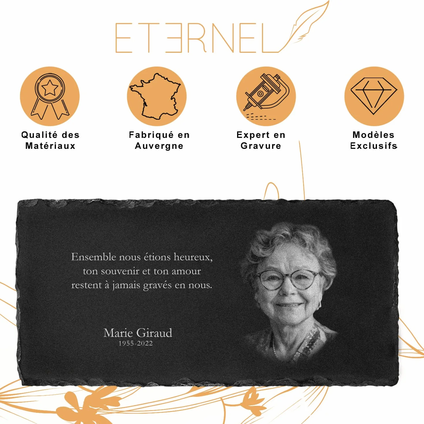 ETERNEL Plaque Funéraire Personnalisée Multisupports Colombe Ardoise Granit Photo Texte au Choix Cimetière