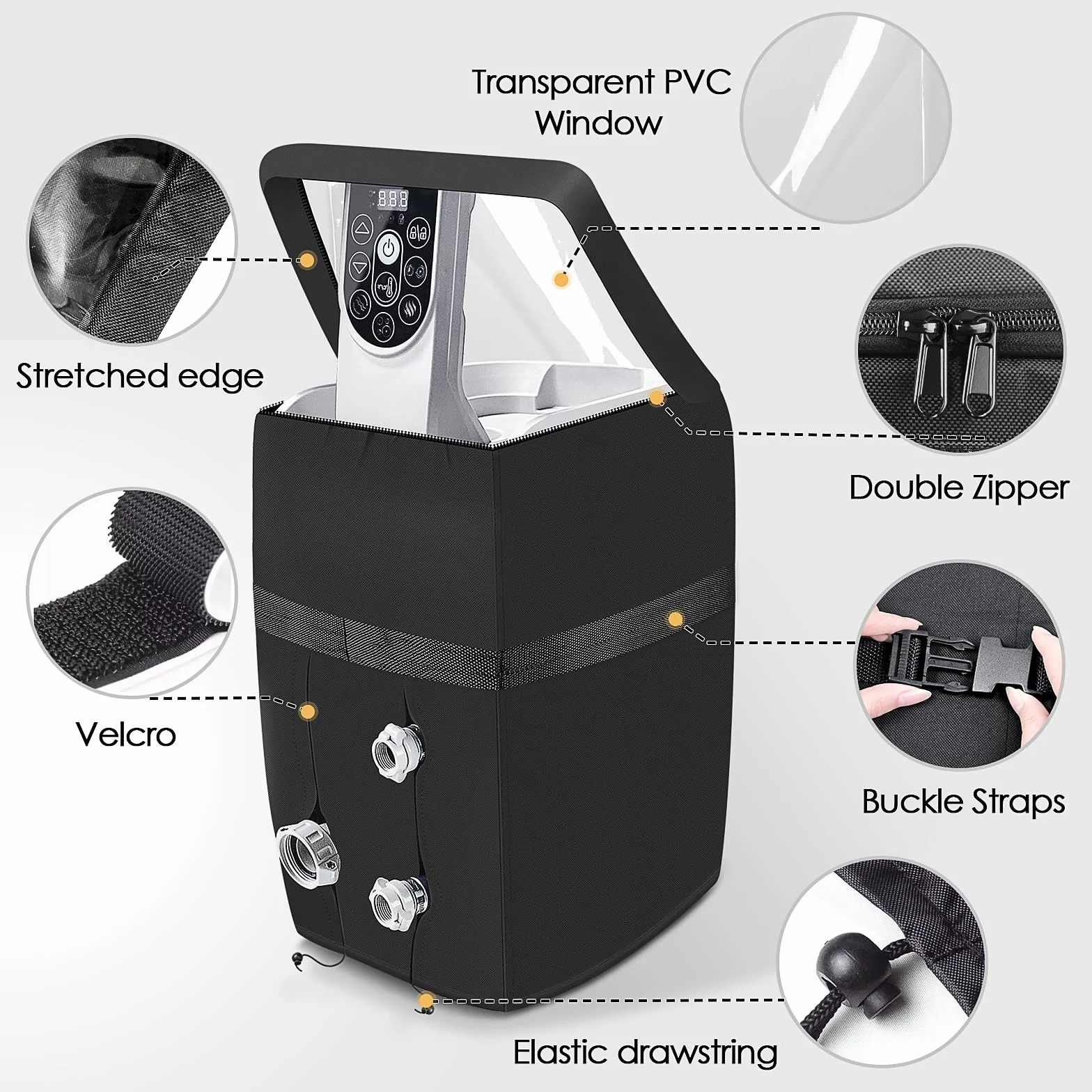 Housse de Pompe Gonflable Robuste pour Jacuzzi avec Ouverture à Fermeture éclair et Fenêtre PVC Transparent Noir