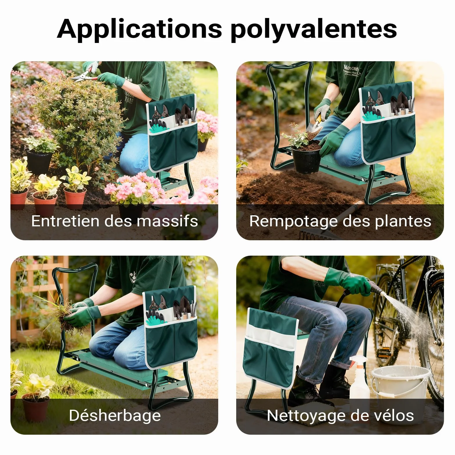 WilTec Tabouret de Jardinier 2 en 1 Pliable 600x280x490 mm 150 kg Fer EVA Agenouilloir Jardinage avec Poche