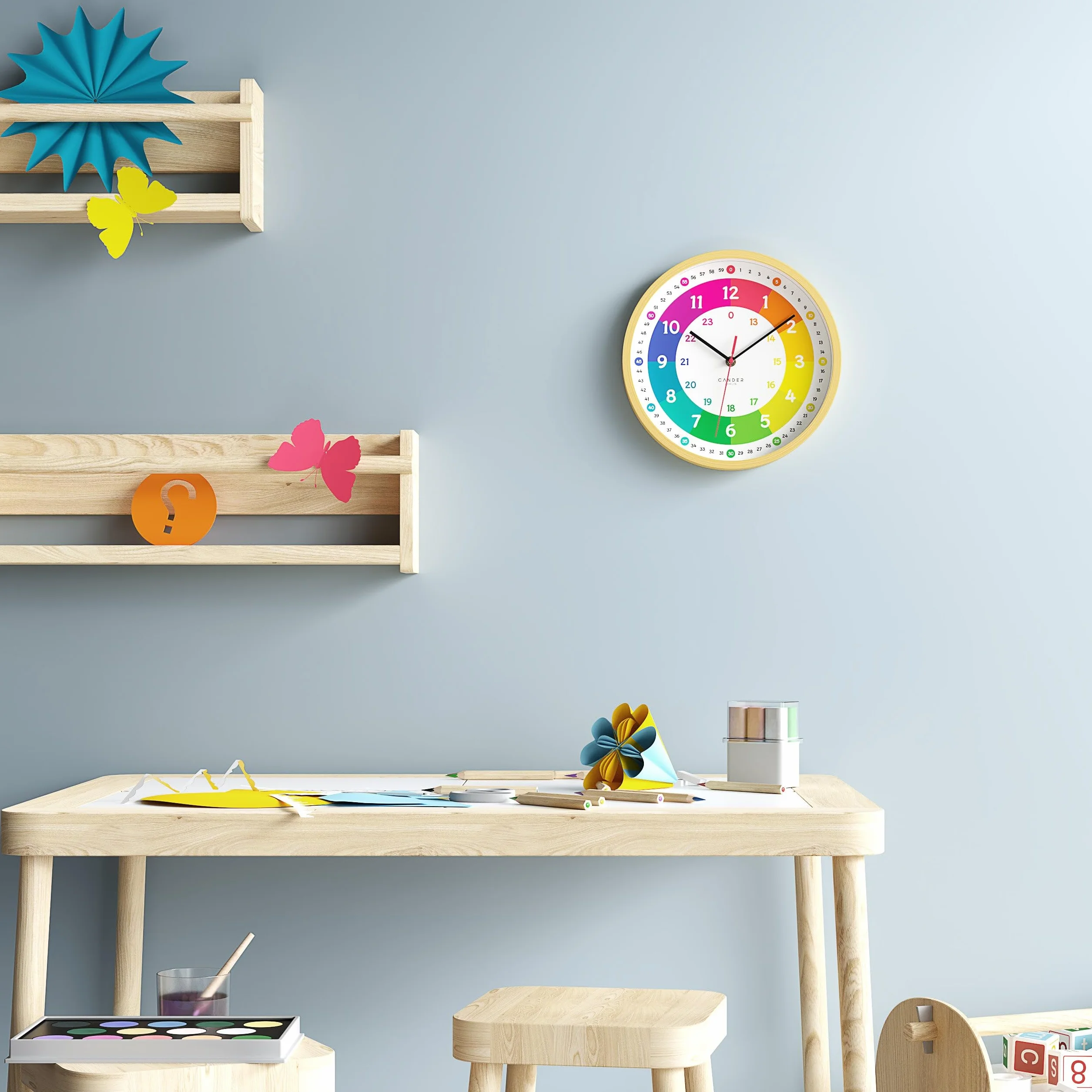 Cander Berlin MNU 2425 R Horloge murale silencieuse enfant bois apprentissage analogique sans tic-tac Multicolore 25 cm