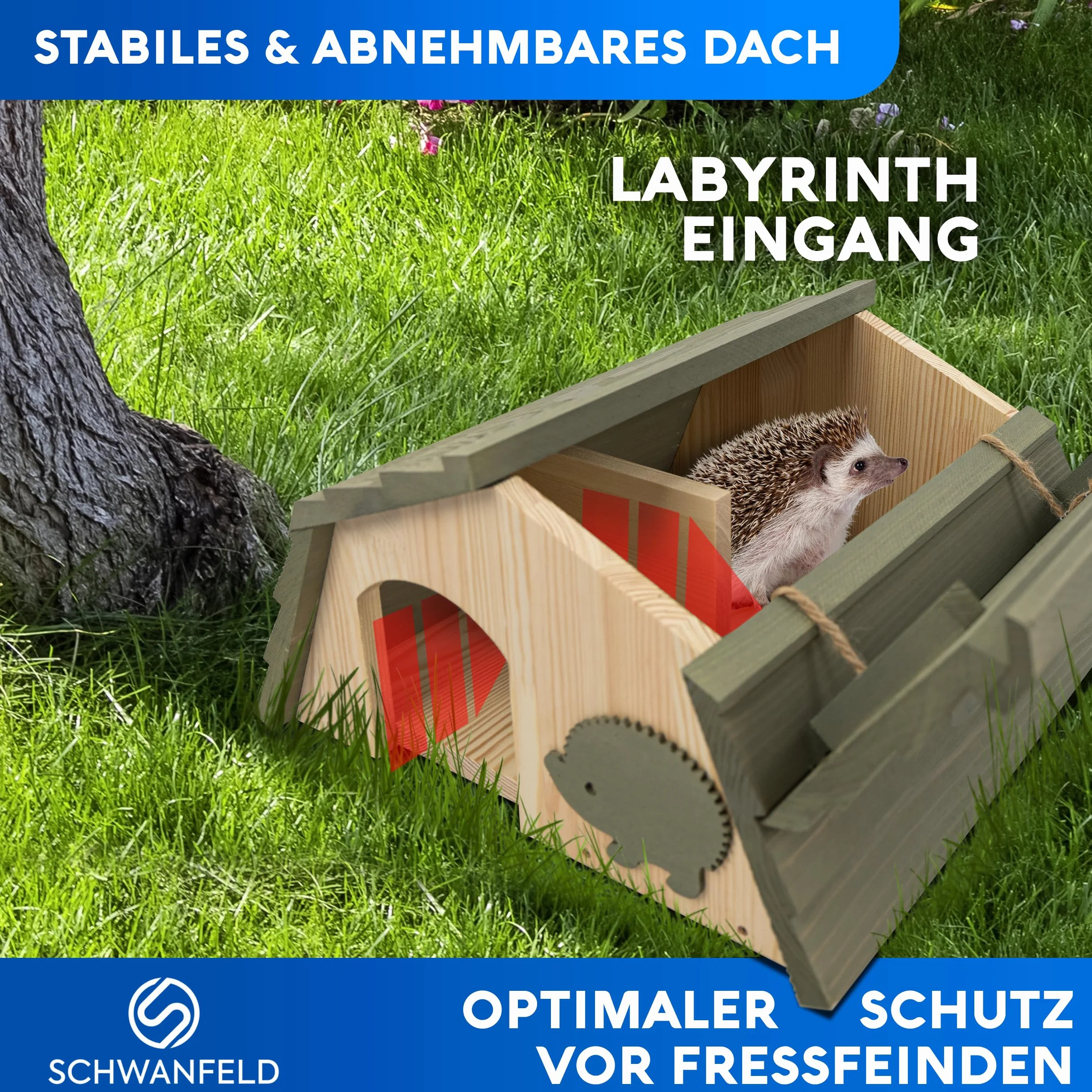 SCHWANFELD® Niche pour hérisson avec entrée labyrinthe, résistante à l'hiver, fond inclus