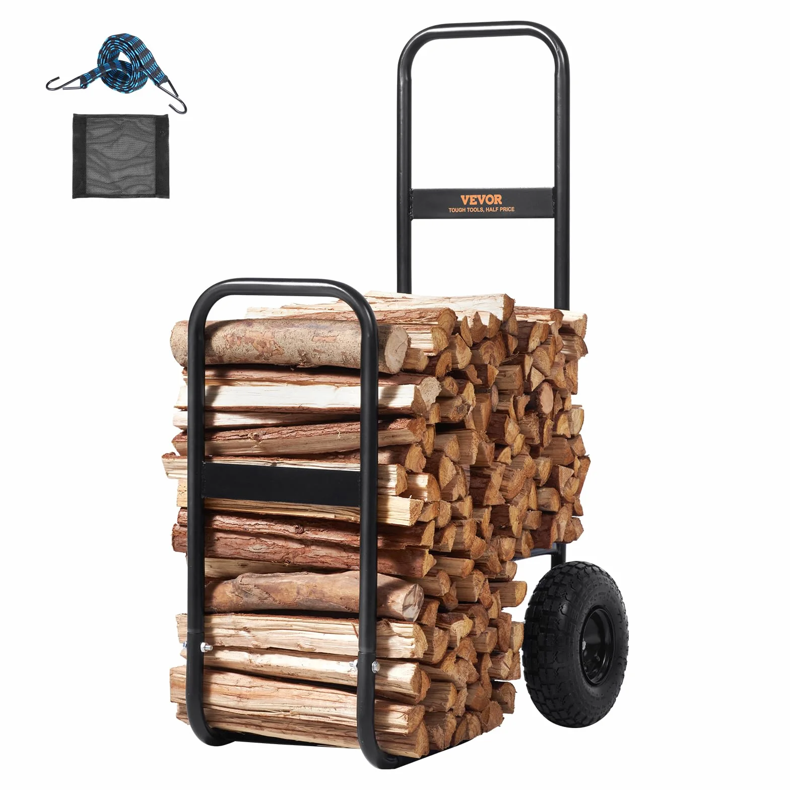 VEVOR Chariot Transport Bois de Chauffage 113,4 kg Acier 67x52x110 cm Roues Gonflables Caoutchouc Noir