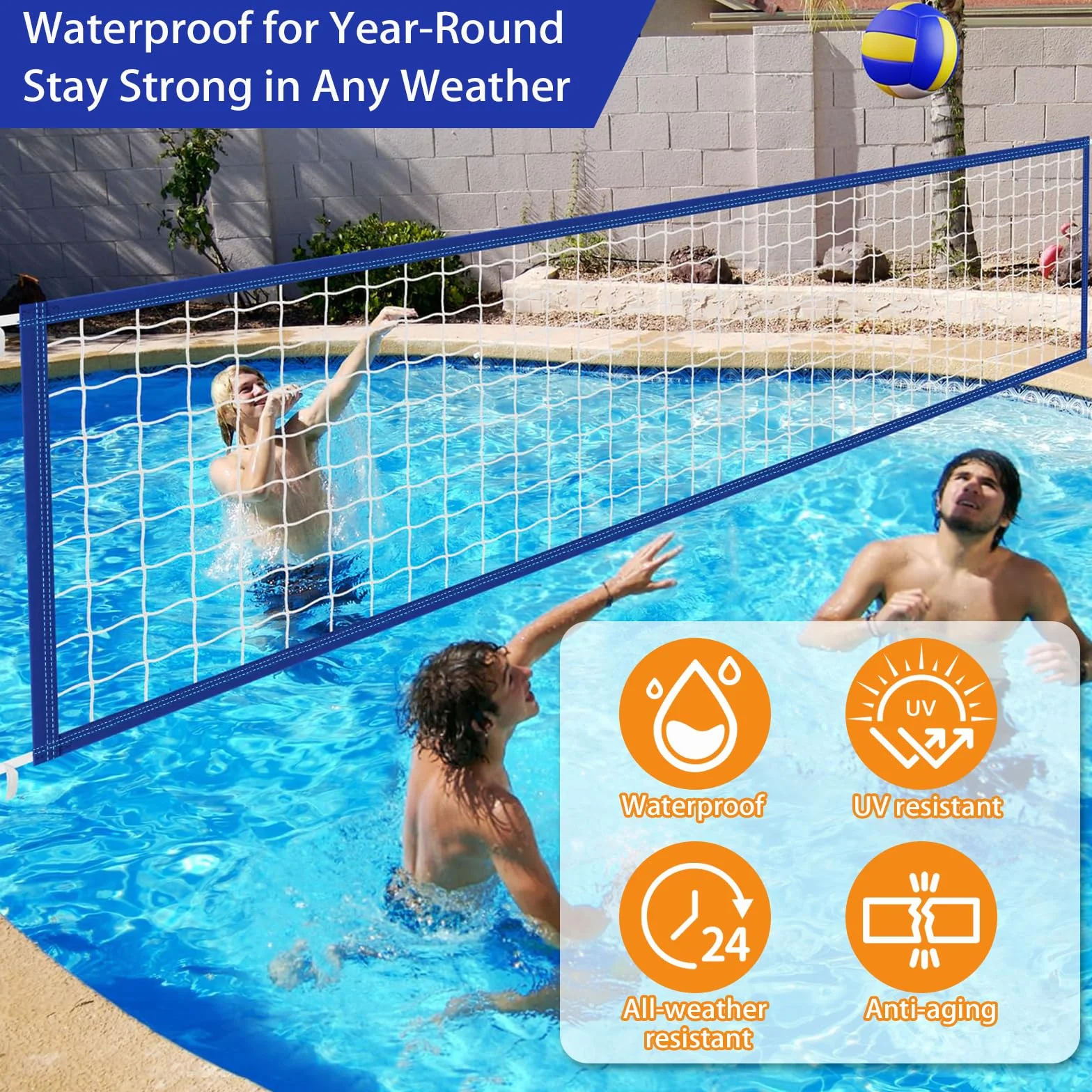 Filet Volley Piscine 457 X 91 CM, Réglable et Imperméable, Remplacement Portable, Filet Résistant en polyéthylène (PE) pour Jeux d’Eau, Jardin, Plage et Activités Extérieures