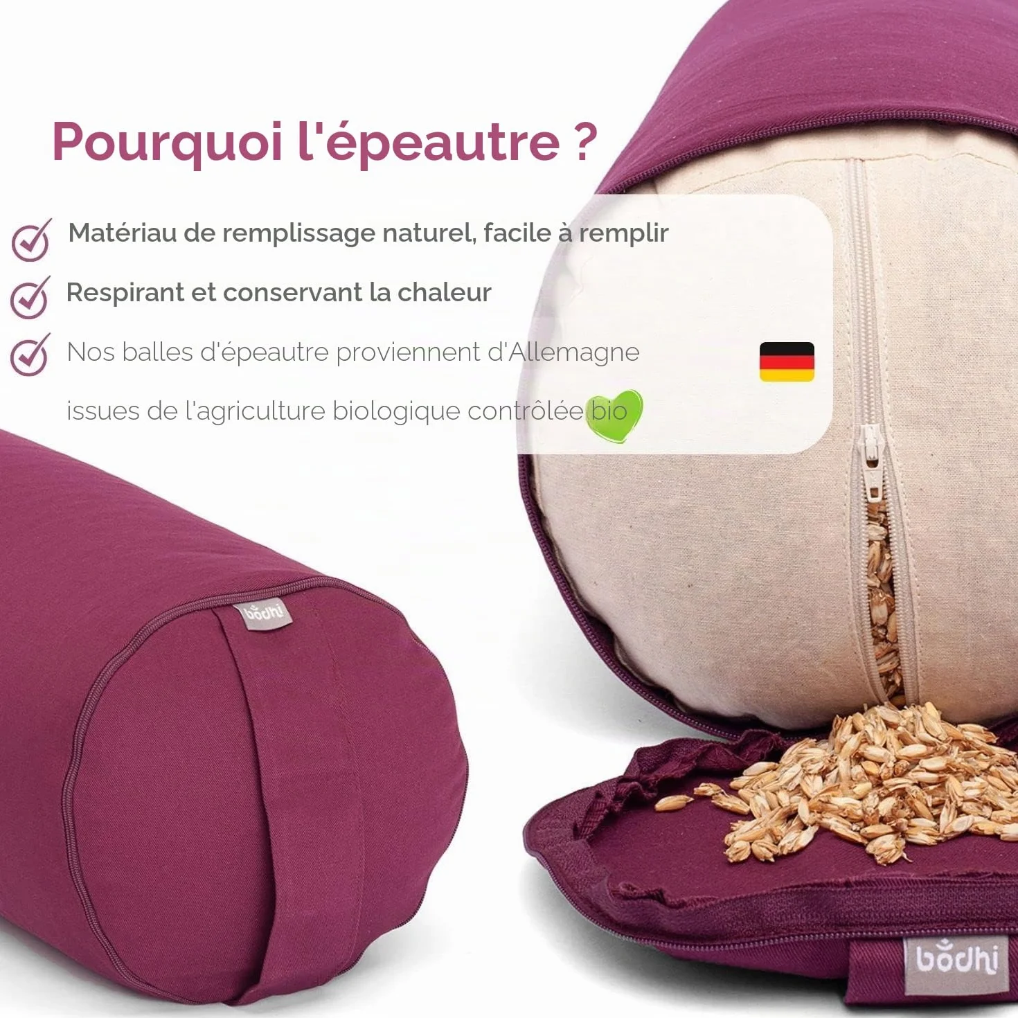 Bodhi Bolster de Yoga ECO | 100% Coton Biologique | Rouleau de Yoga Remplissage épeautre Biologique | Housse Lavable | Coussin de Yoga Rond | Dimensions 65 x 22 cm