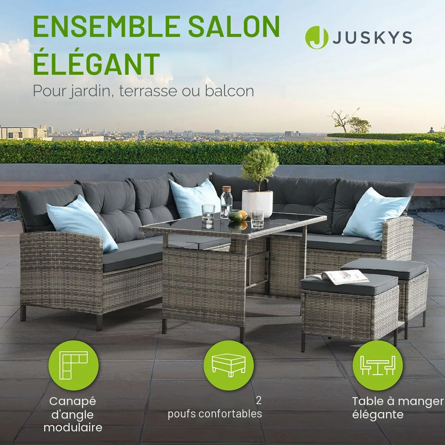 Juskys Salon de Jardin Manacor en Polyrotin Gris Moucheté - Ensemble de Meubles jusqu'à 7 Personnes avec Housses