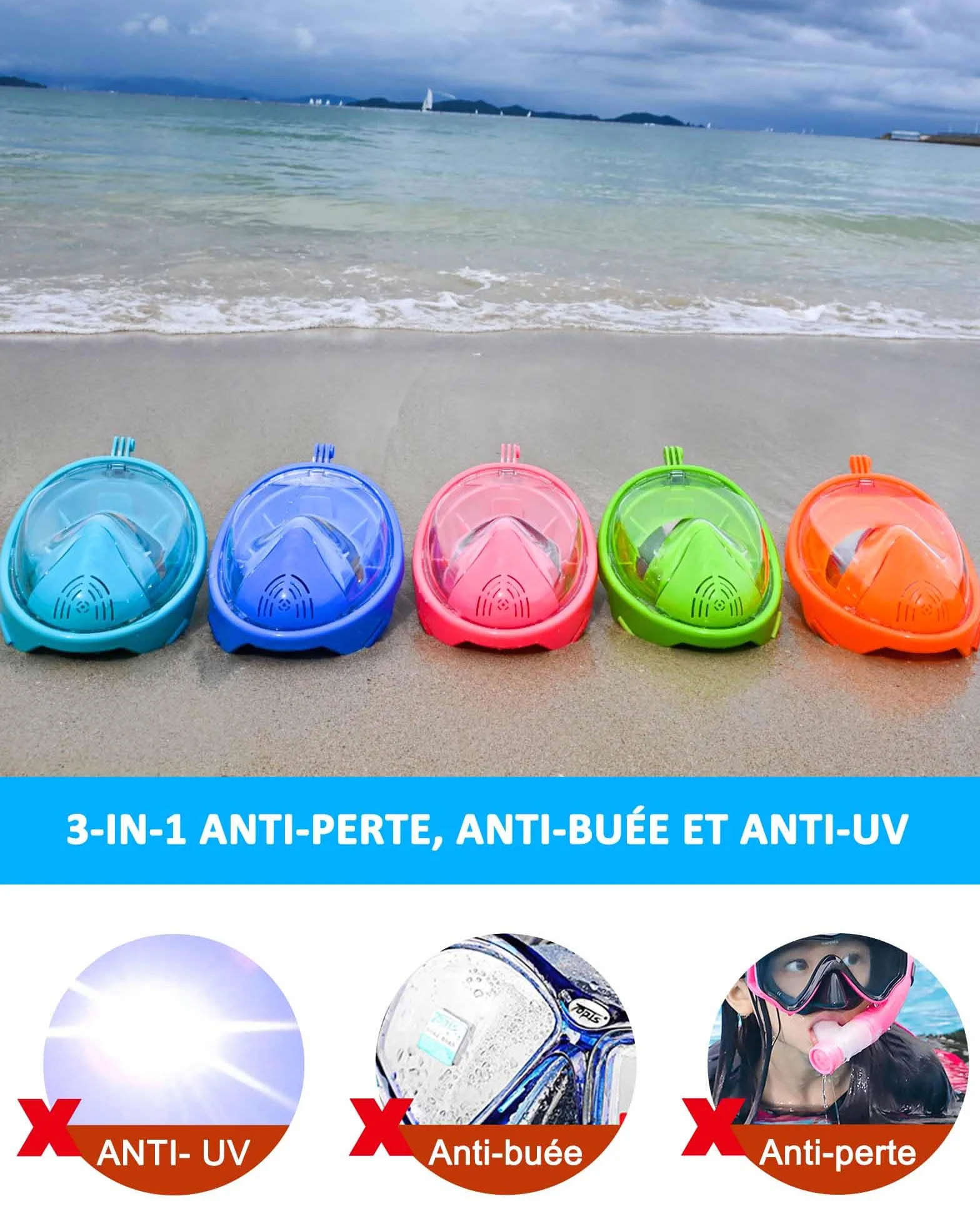 Masque de Plongée Enfant Apnée,Anti-Etouffement Masque Plongée Intégral,180°Anti-Buée Anti-Fuite Masque Snorkeling,Lunettes Plongée Débutants 4-12Ans Fille Garçon