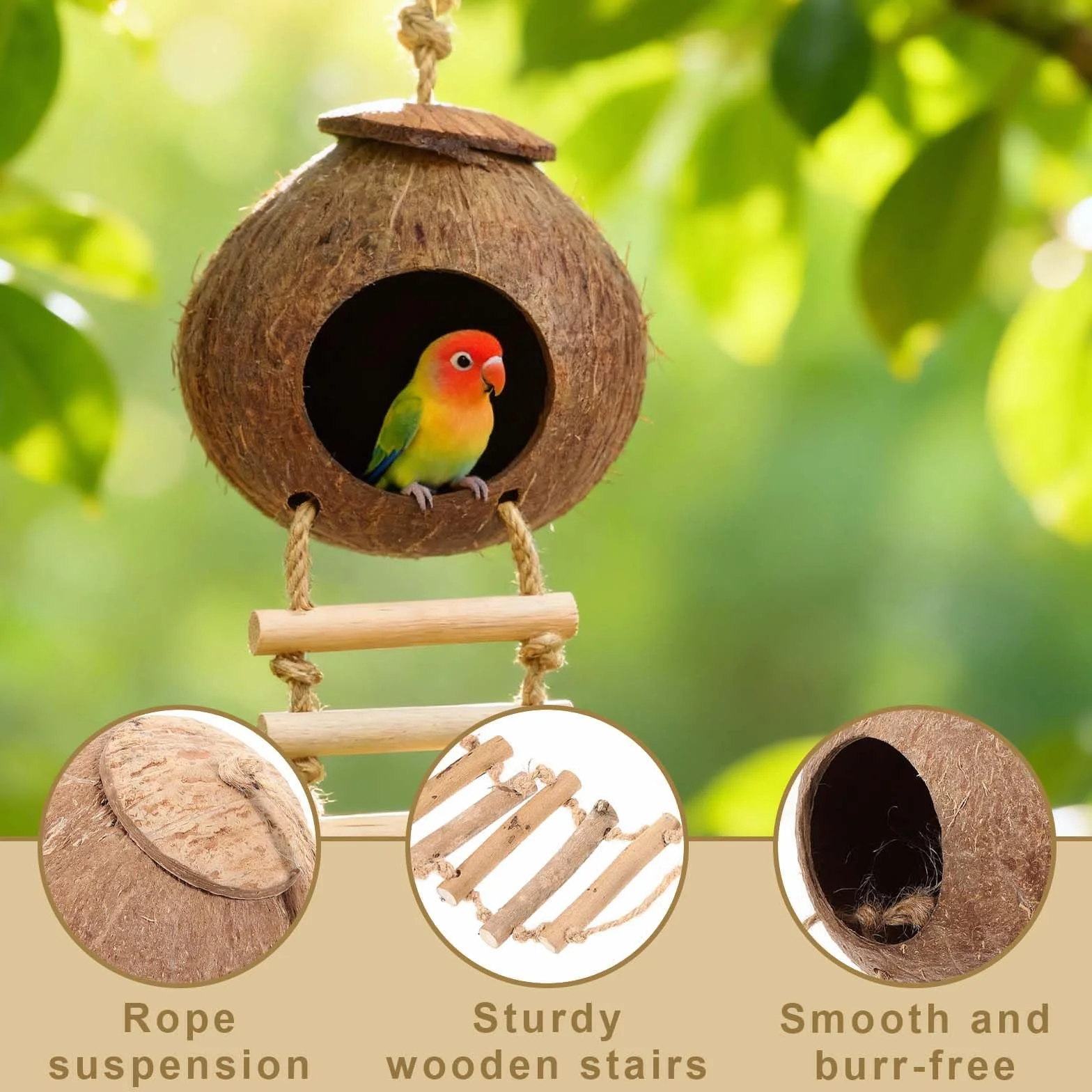 Mangeoire pour oiseaux en noix de coco recyclée Nichoir résistant aux intempéries fabriqué à la main