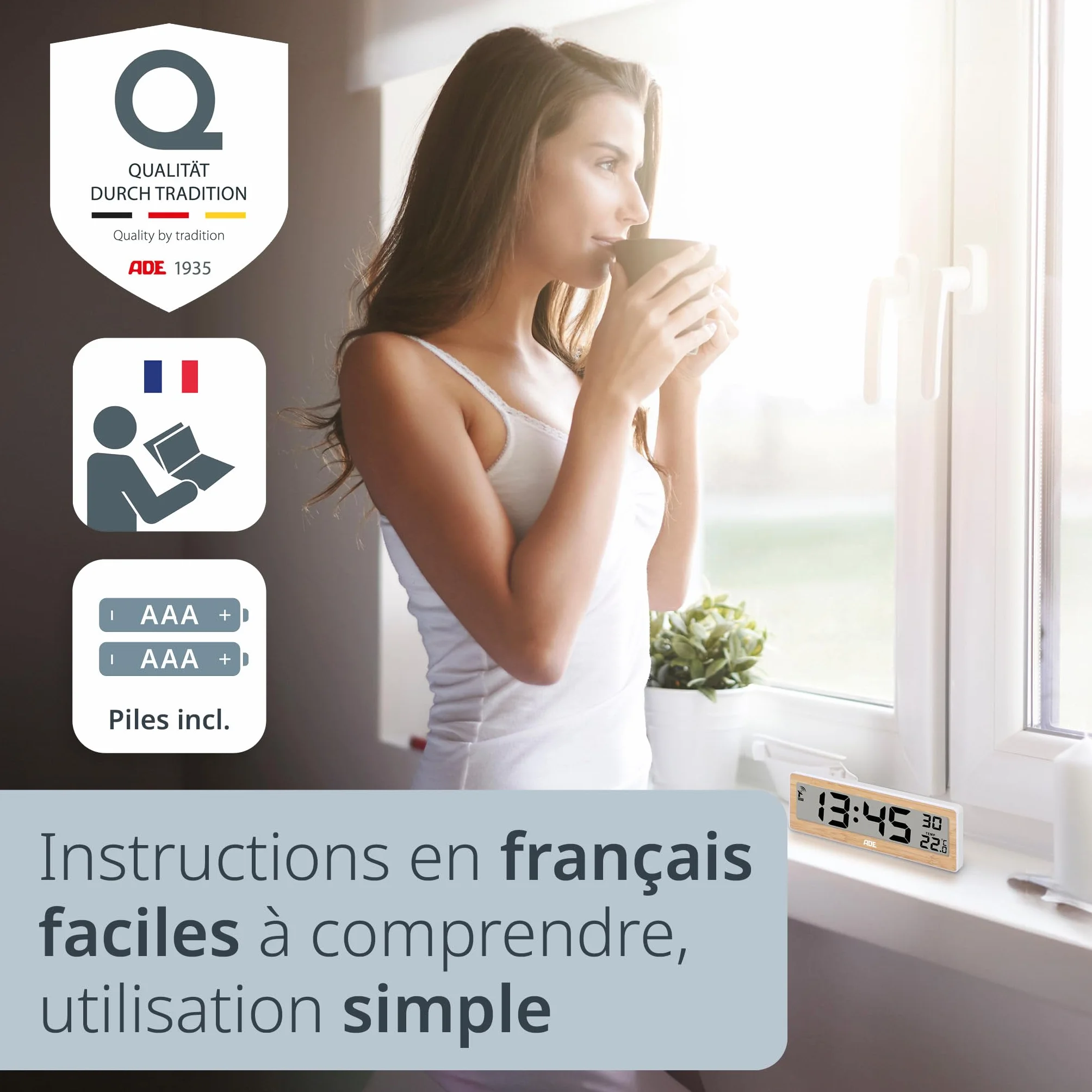 ADE Horloge radiopilotée numérique grands chiffres affichage température cadre bambou véritable