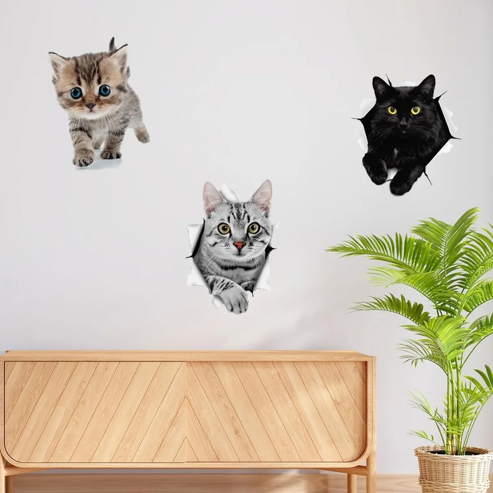 Autocollant Chat 3D Mignon Amovible 12 Pièces Décor Mural Salle de Bain