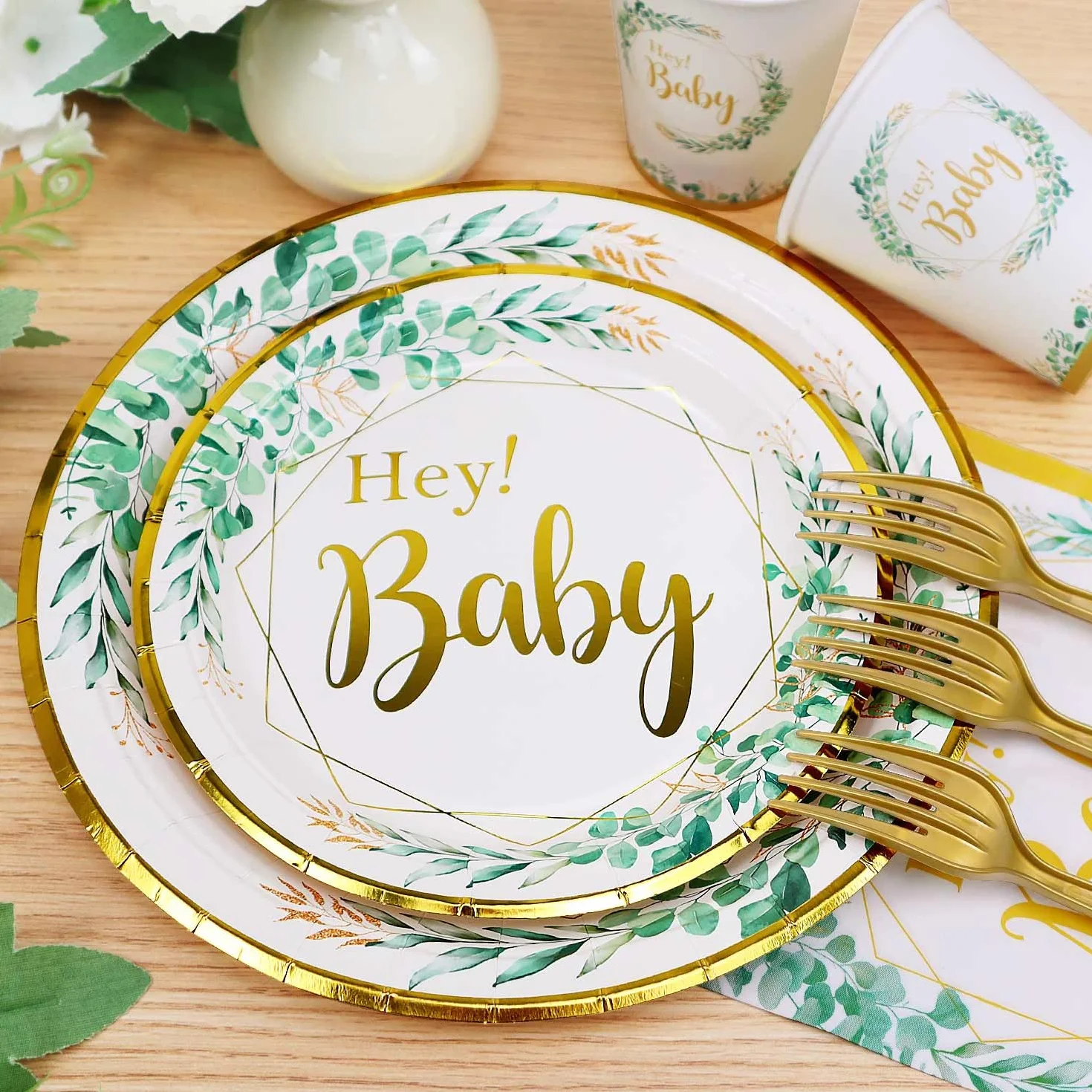 Baby Shower Vaisselle Assiette Sert 25 Invités 125pcs Neutre Bapteme Vert Sauge