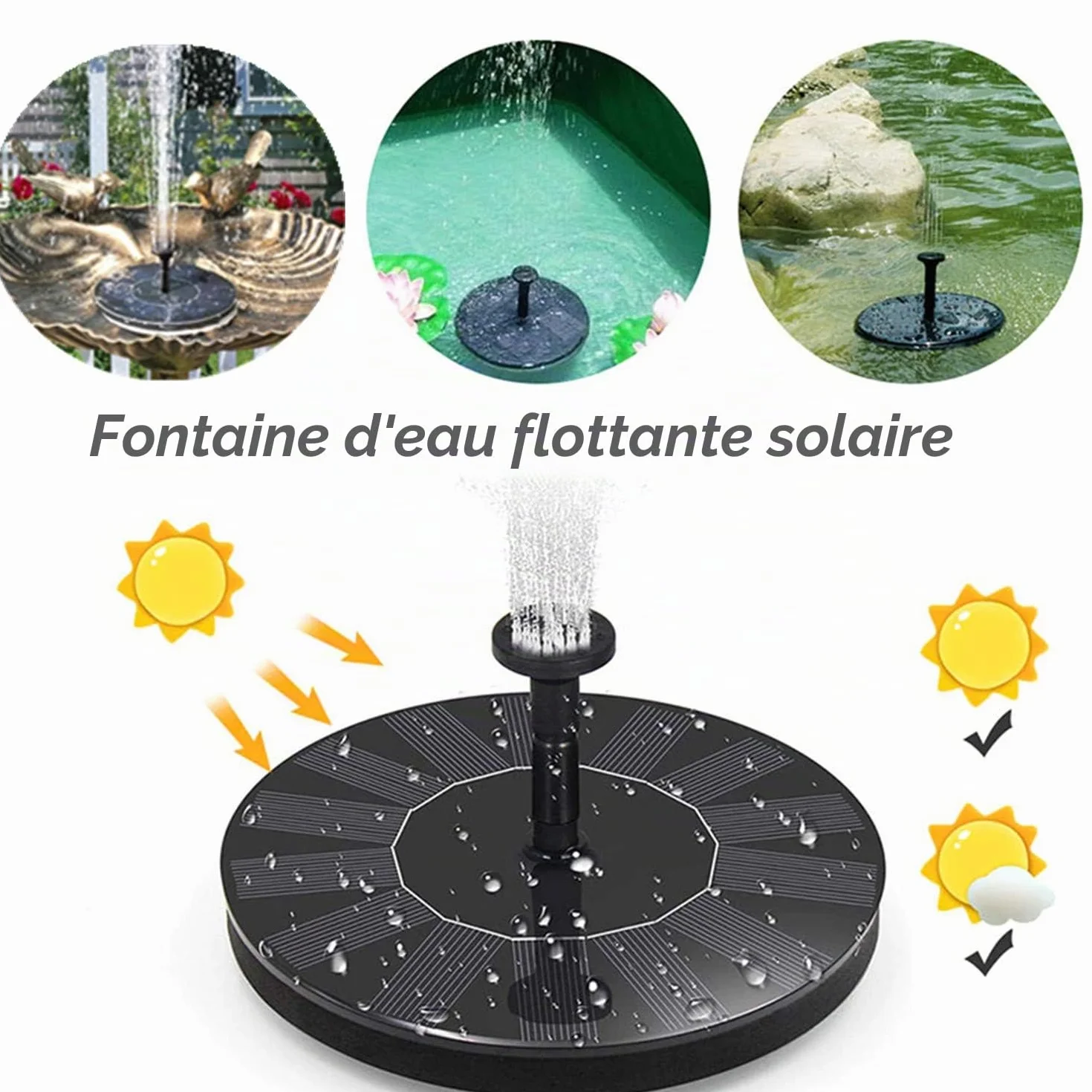 Fontaine Solaire Exterieure de Jardin Pompe 7 Buses Abreuvoir Oiseaux Bains Etangs Patio Decoration