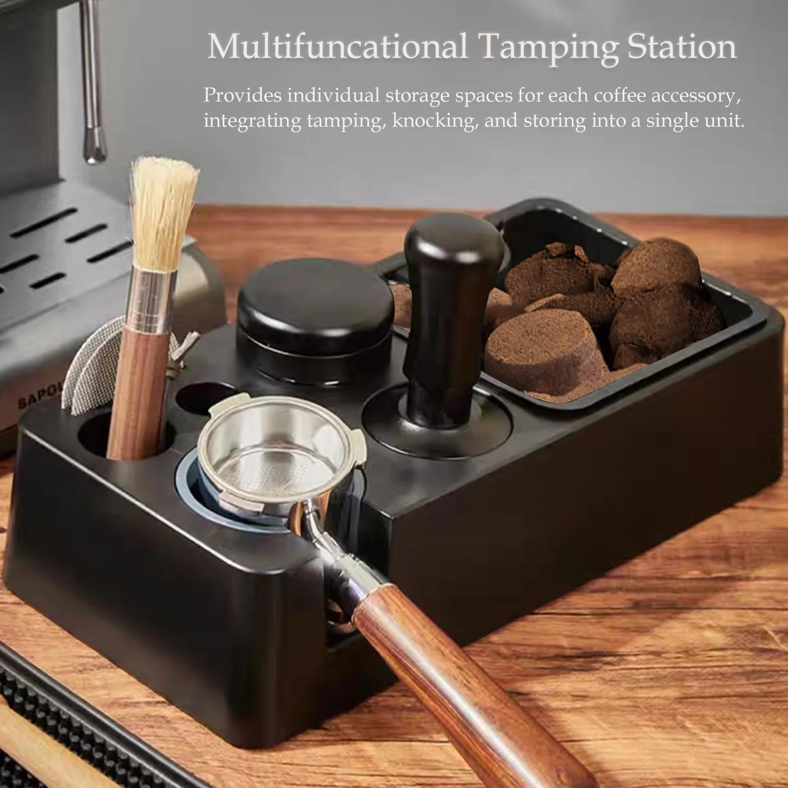 Station Tassage Café avec Knock Box, Tamper 51-58,5mm, Distributeur Café, Accessoires pour Machine à Café Barista