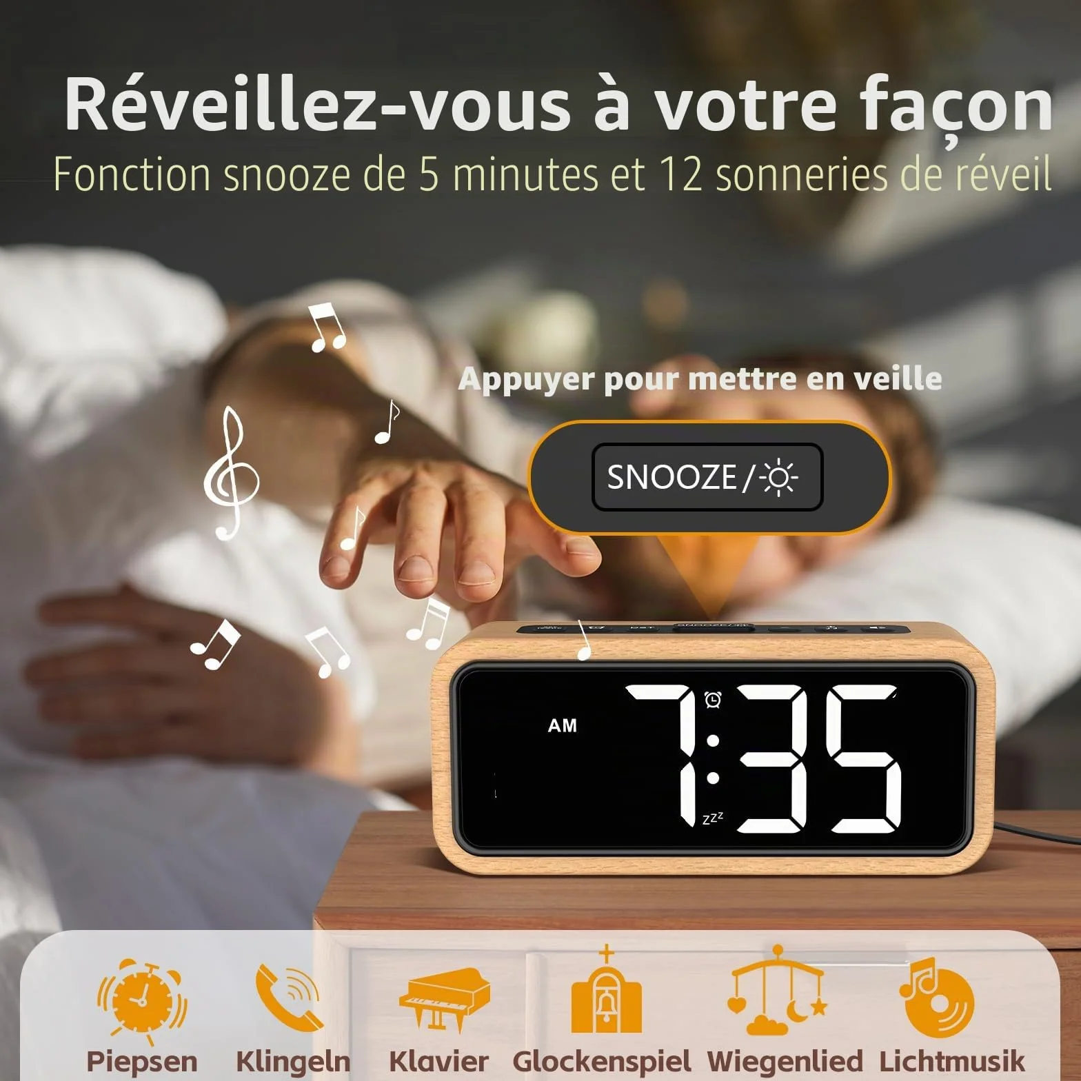 Réveil Rétro en Bois avec Affichage LED, 12 Sonneries d'Alarme, 5 Niveaux de Luminosité, Volume Réglable, Hêtre Blanc