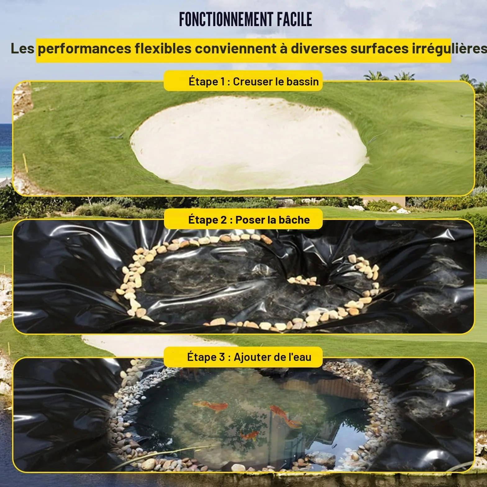 Revêtement de bassin en polyéthylène haute densité renforcé 3 x 3 m Noir