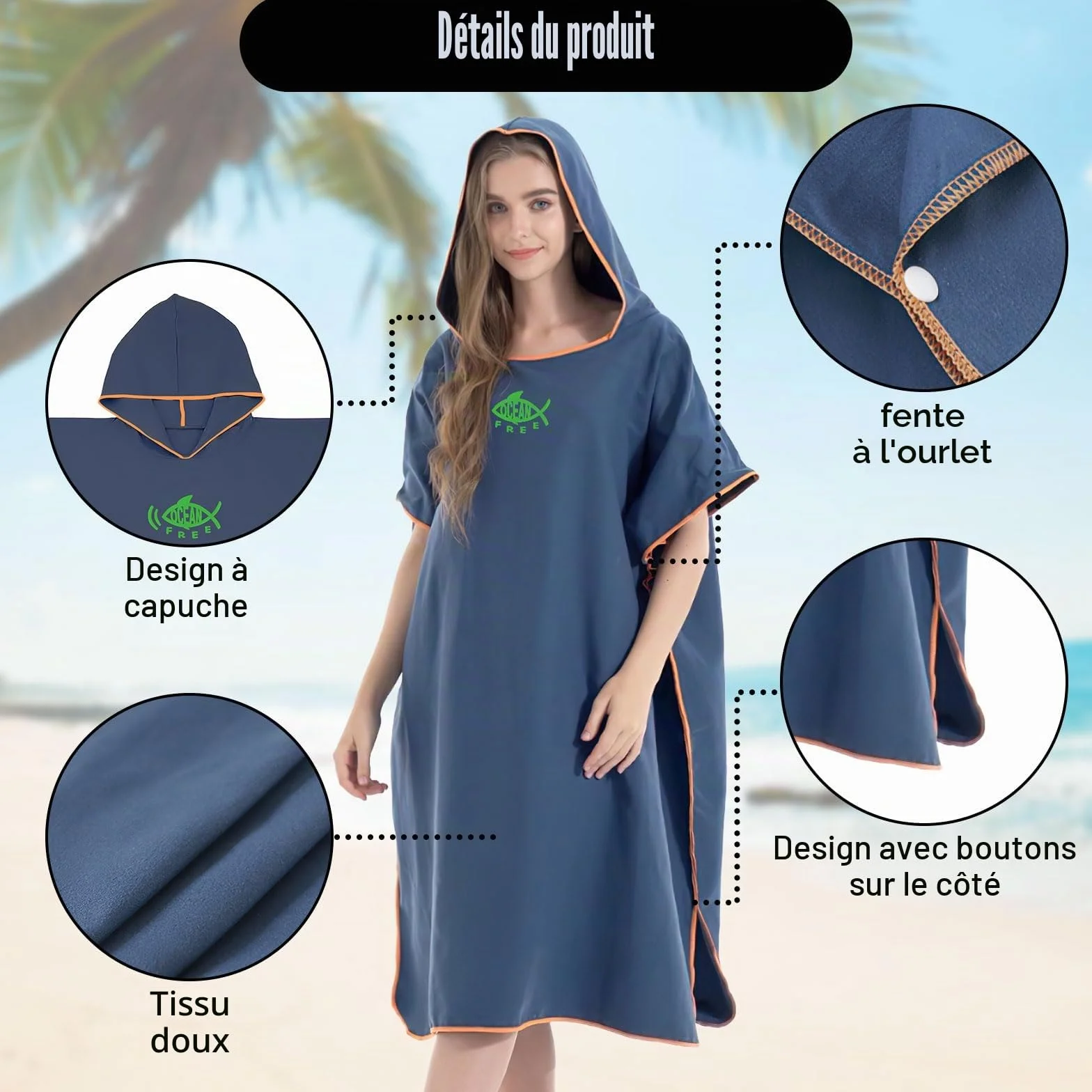 QKTYB Poncho de Bain Adulte, Microfibère Poncho Plage Femme Homme, Serviette Poncho Adulte Rapid Séchage, Poncho Surf Léger avec Capuche pour Surf Piscine Taille Universelle