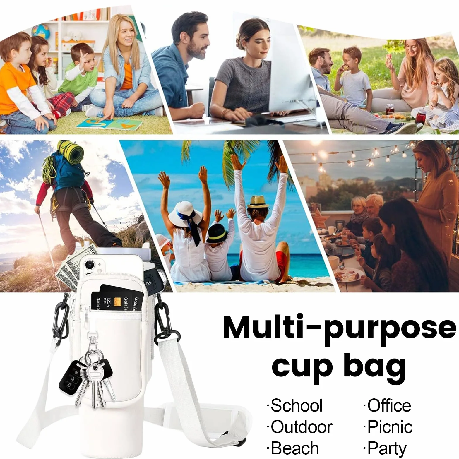Sac Bouteille d'eau pour Tasse Stanley Cup 40oz, Porte Gourde Sac à Dos avec Sangle Ajustable et Poche pour Téléphone, Stanley Cup Bag pour Marche Camping Course Cyclisme, Blanc
