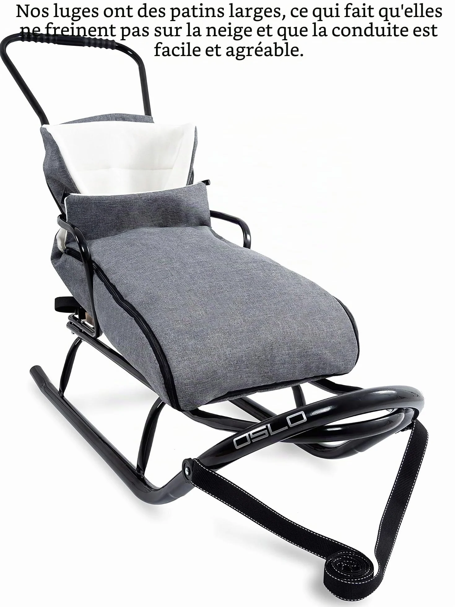 Luge GagaDumi Oslo en métal avec Dossier avec Ceintures de sécurité, Barre de poussée et chancelière, Luge pour bébé, idéale pour Les Enfants et Les Adultes, Charge jusqu'à