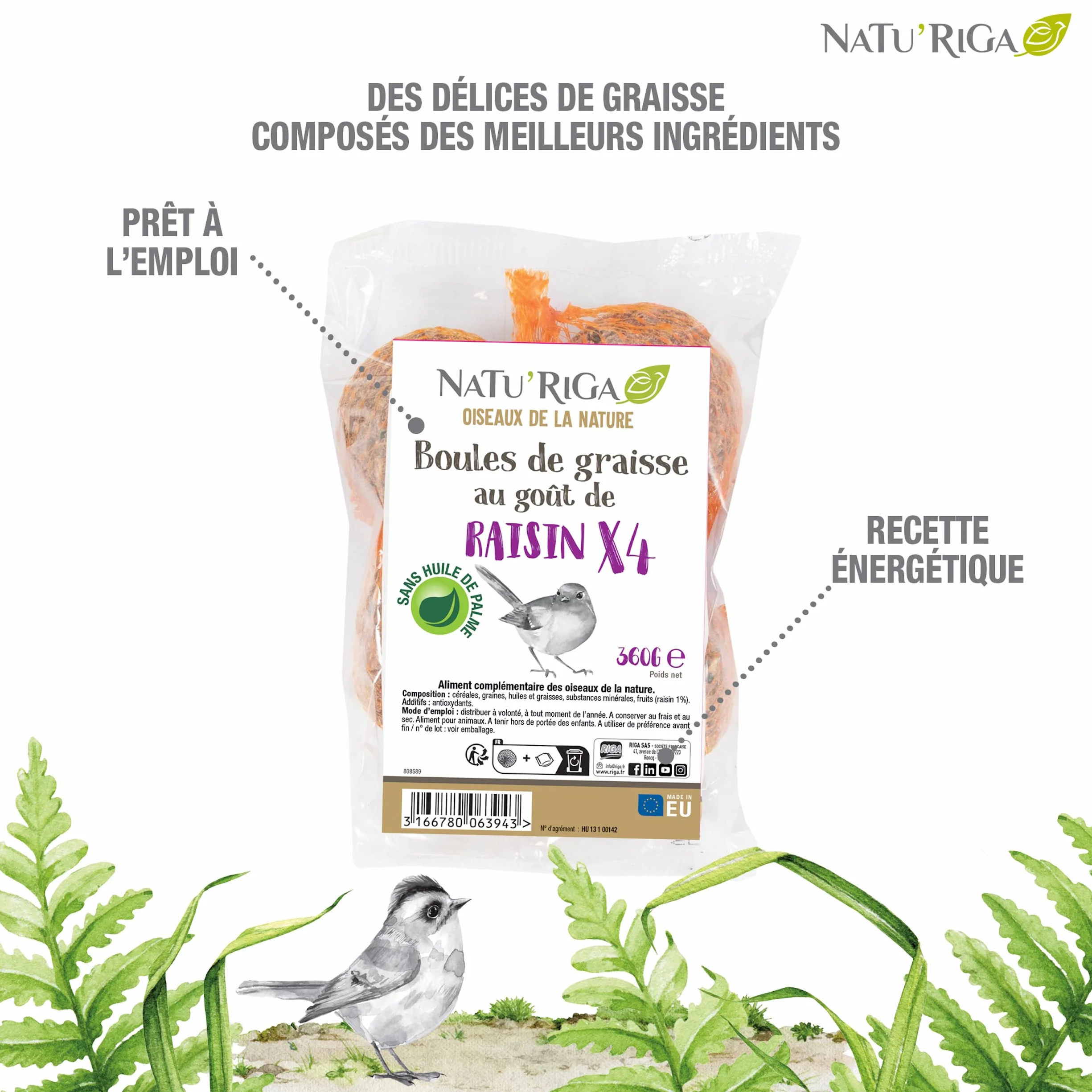 NATU'RIGA Boules De Graisses Au Raisin Nourriture Oiseaux Exterieur x 4