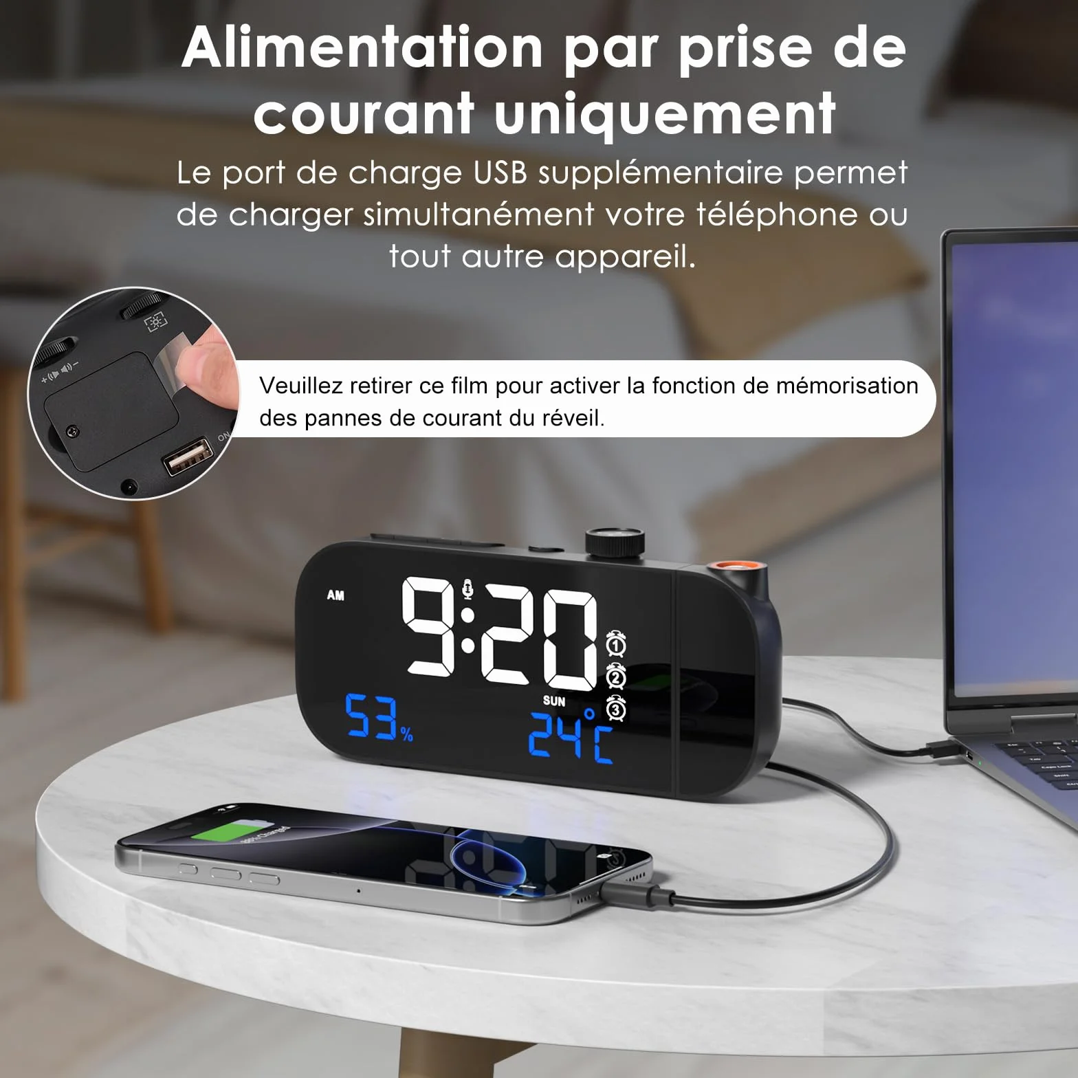 MOSUO Réveil Projecteur Plafond Numérique LED avec Température Humidité Snooze Activation Sonore Luminosité Réglable